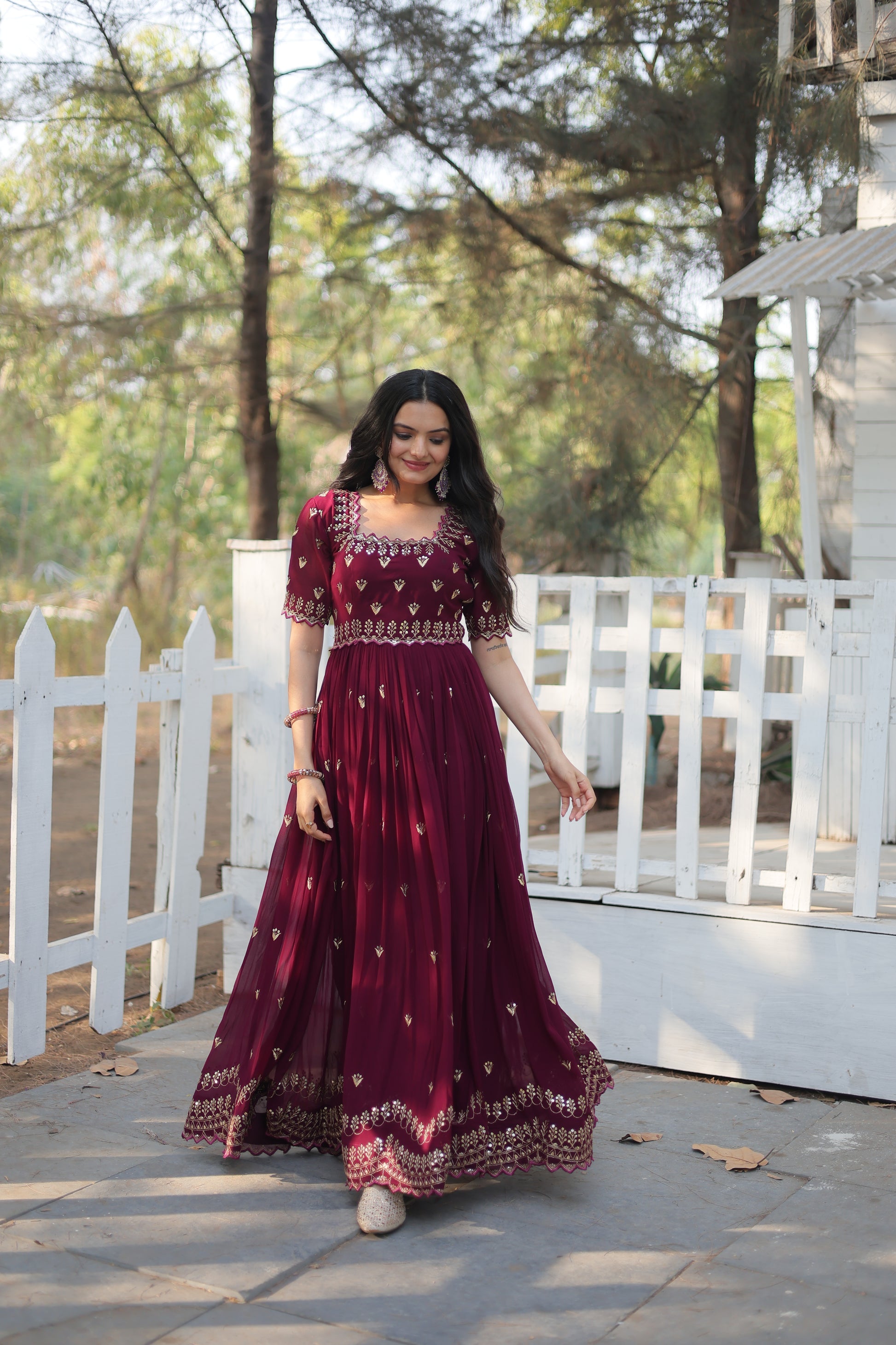 Brown embroidered Jinisha designer Anarkali gown