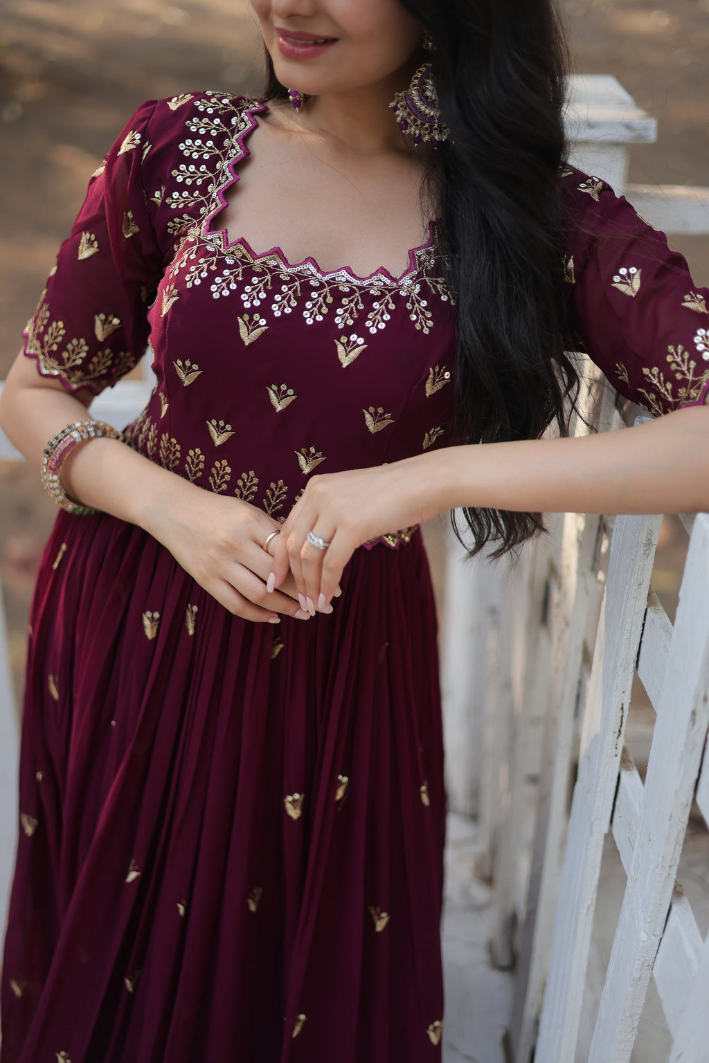 Brown embroidered Jinisha designer Anarkali gown