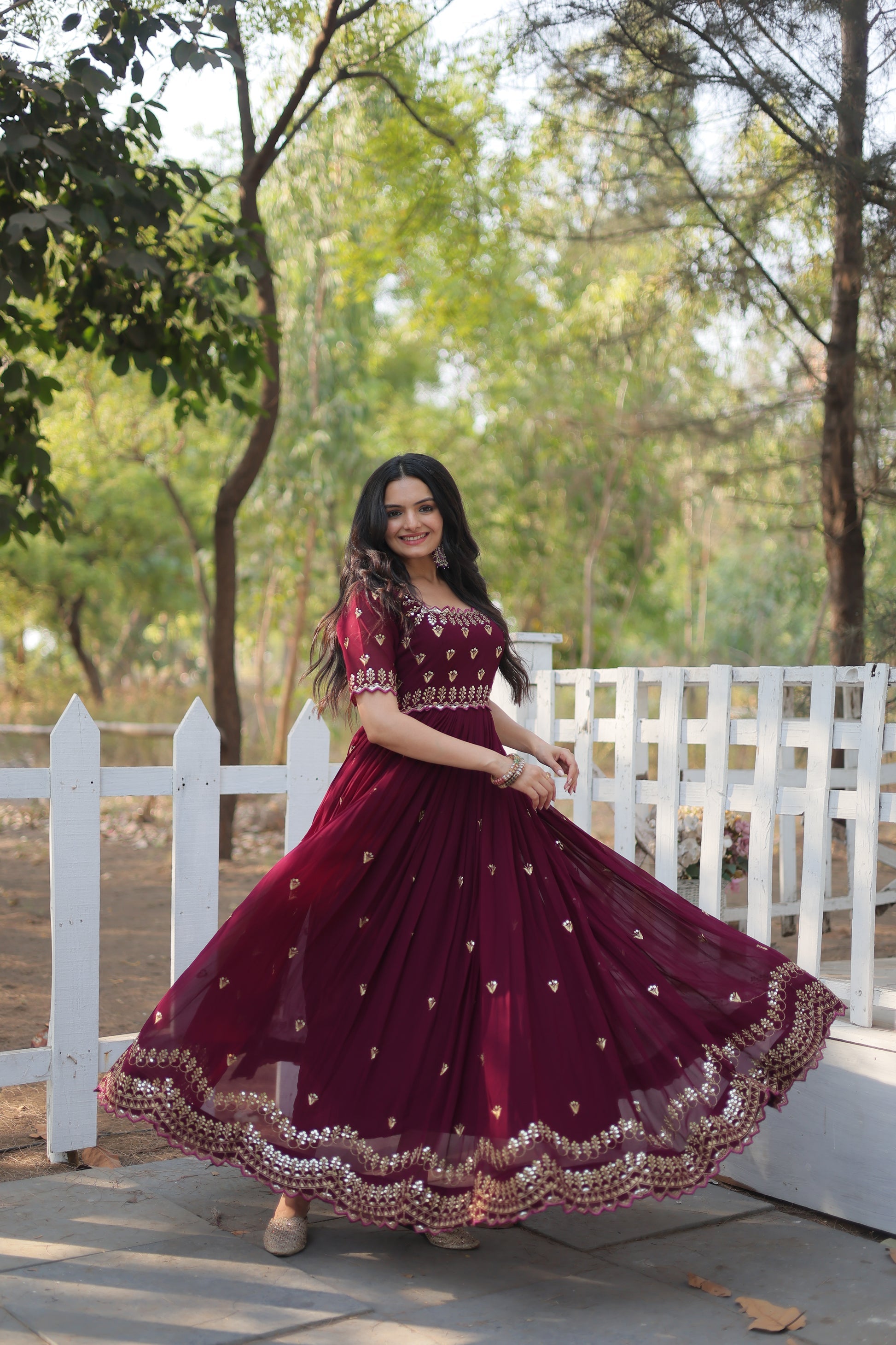 Brown embroidered Jinisha designer Anarkali gown