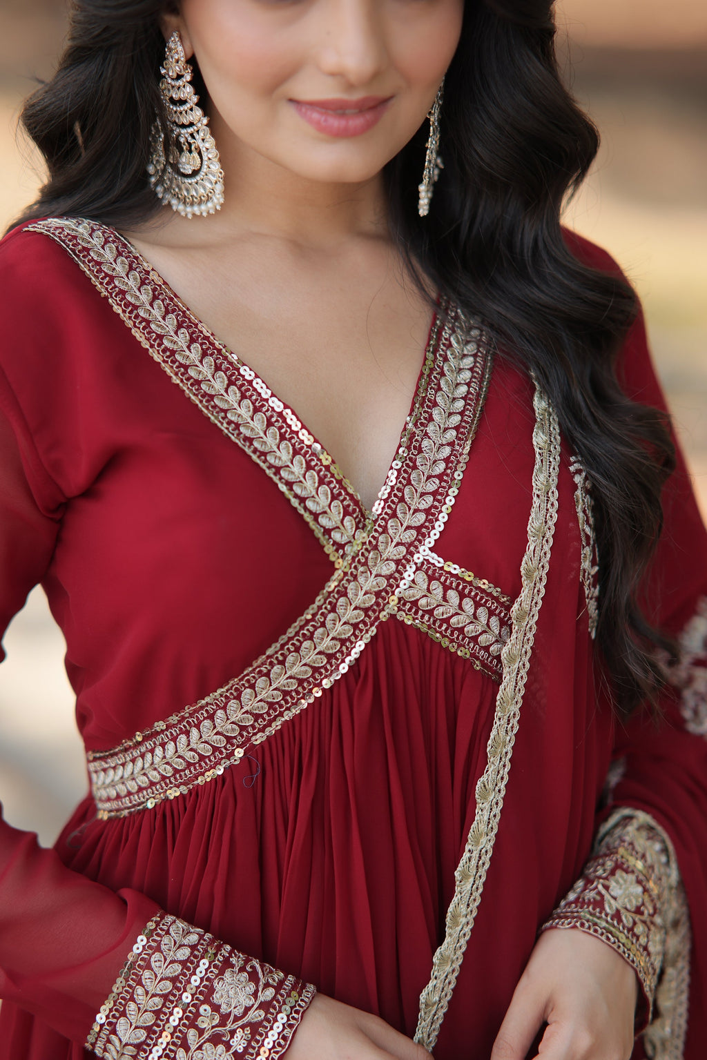 Maroon embroidered Alia cut Jisha designer Anarkali gown
