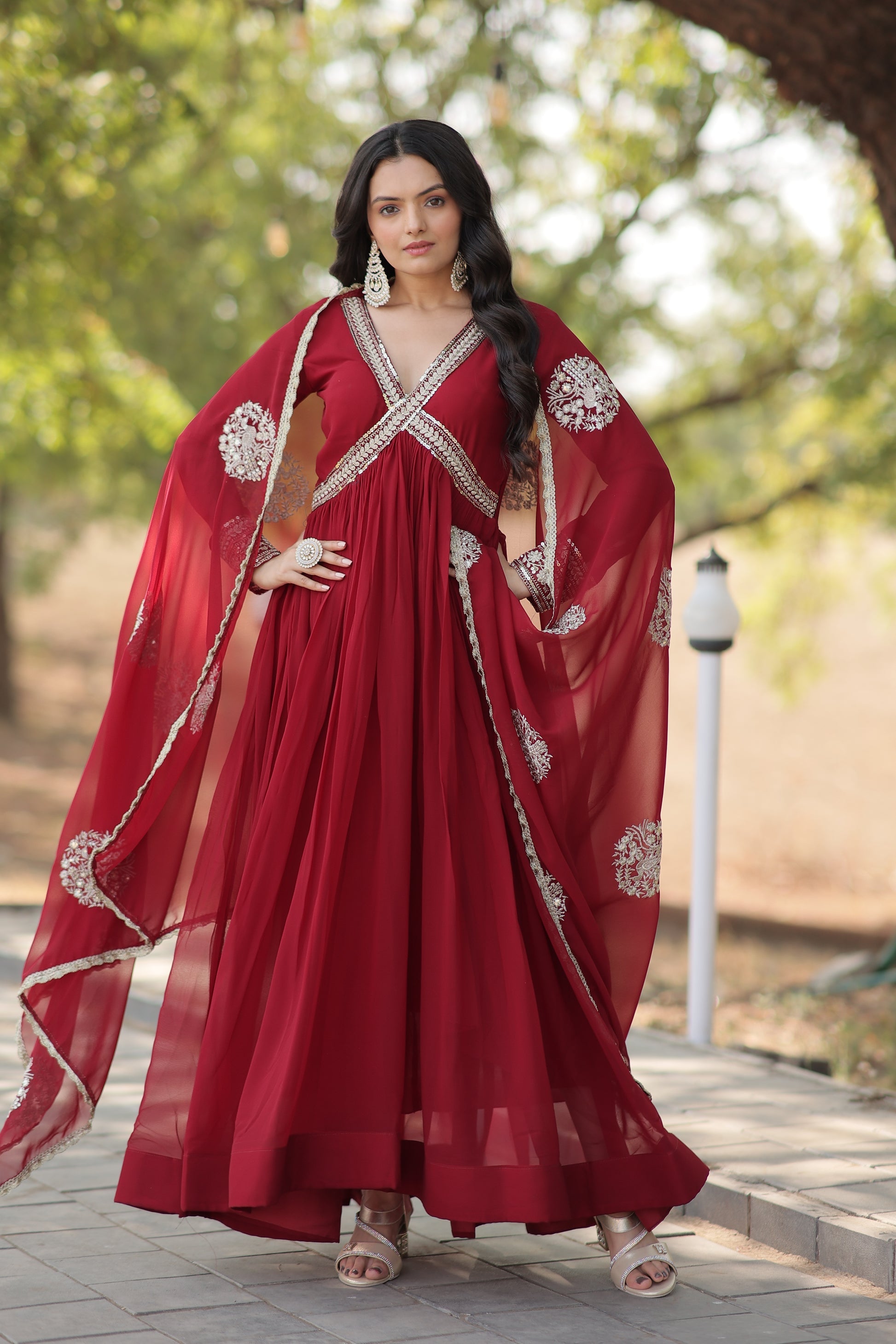 Maroon embroidered Alia cut Jisha designer Anarkali gown