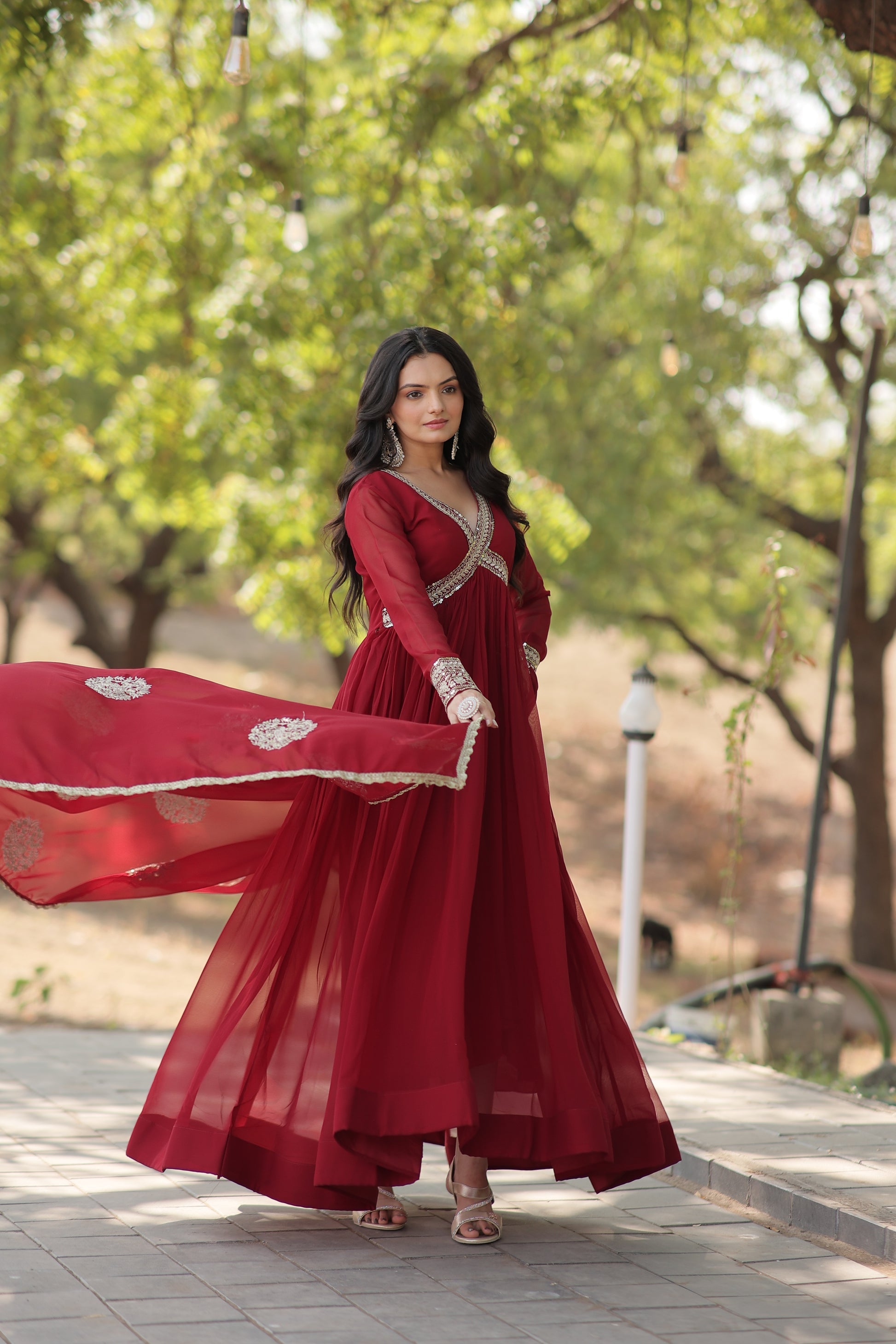 Maroon embroidered Alia cut Jisha designer Anarkali gown