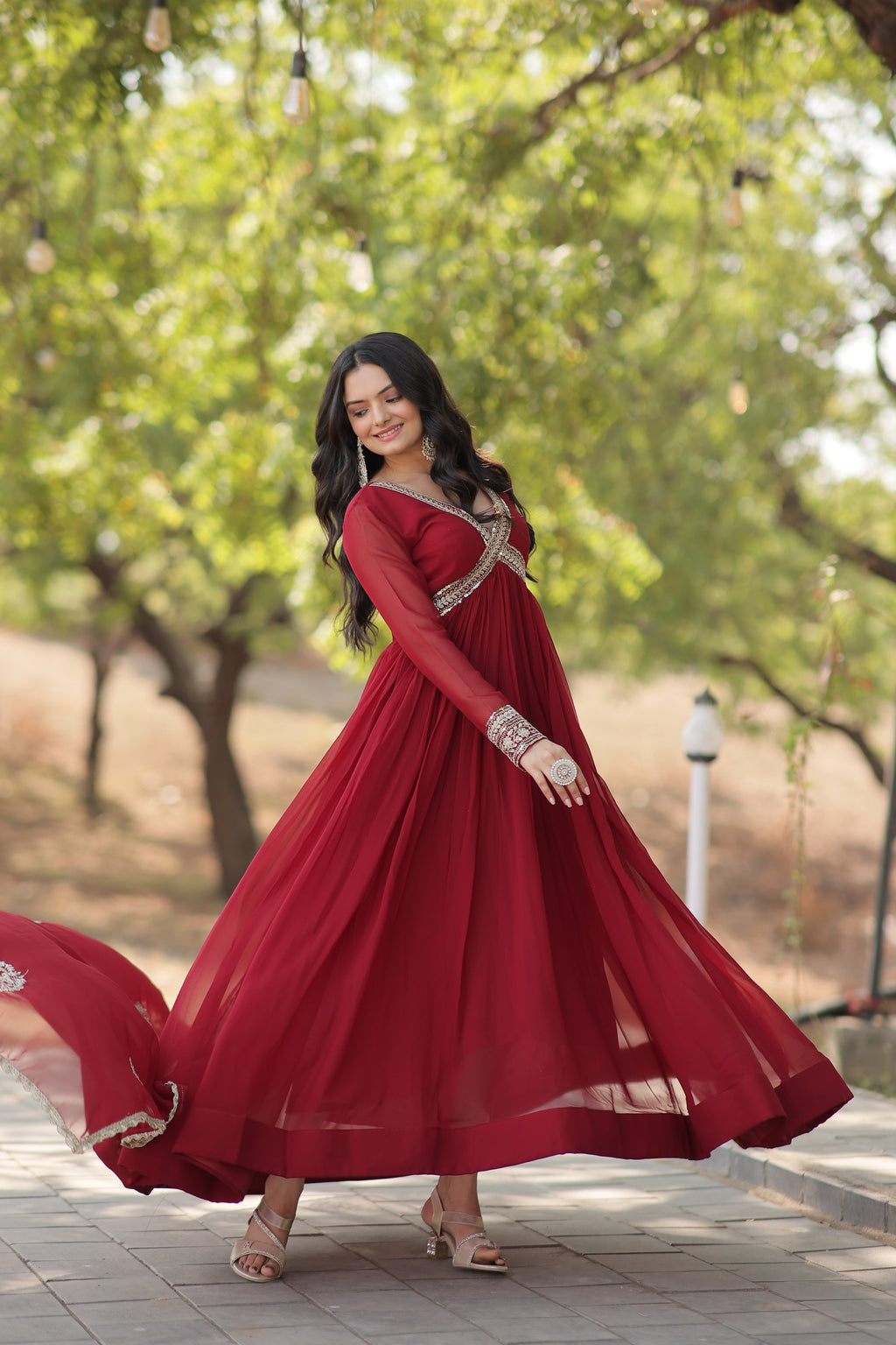 Maroon embroidered Alia cut Jisha designer Anarkali gown