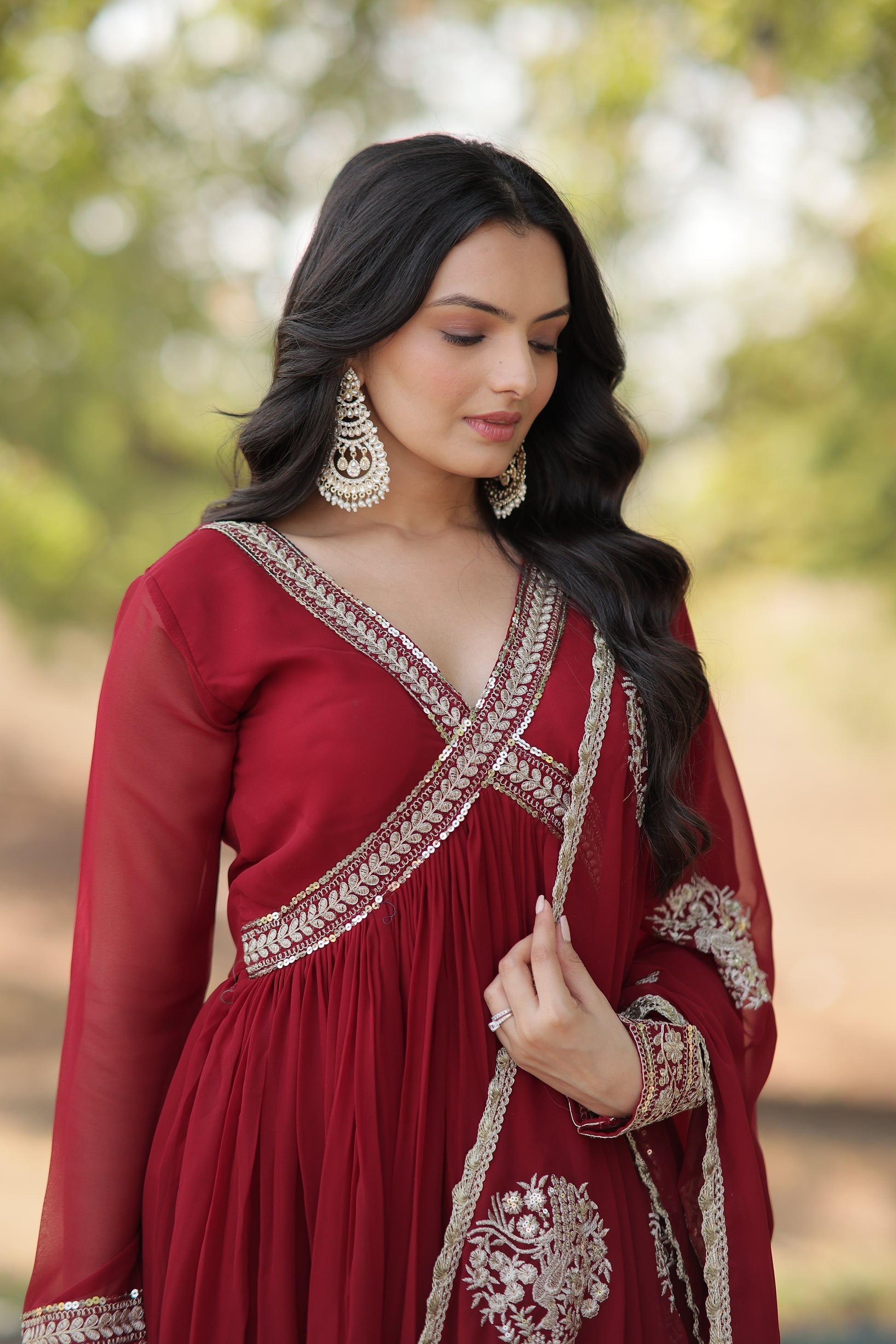 Maroon embroidered Alia cut Jisha designer Anarkali gown