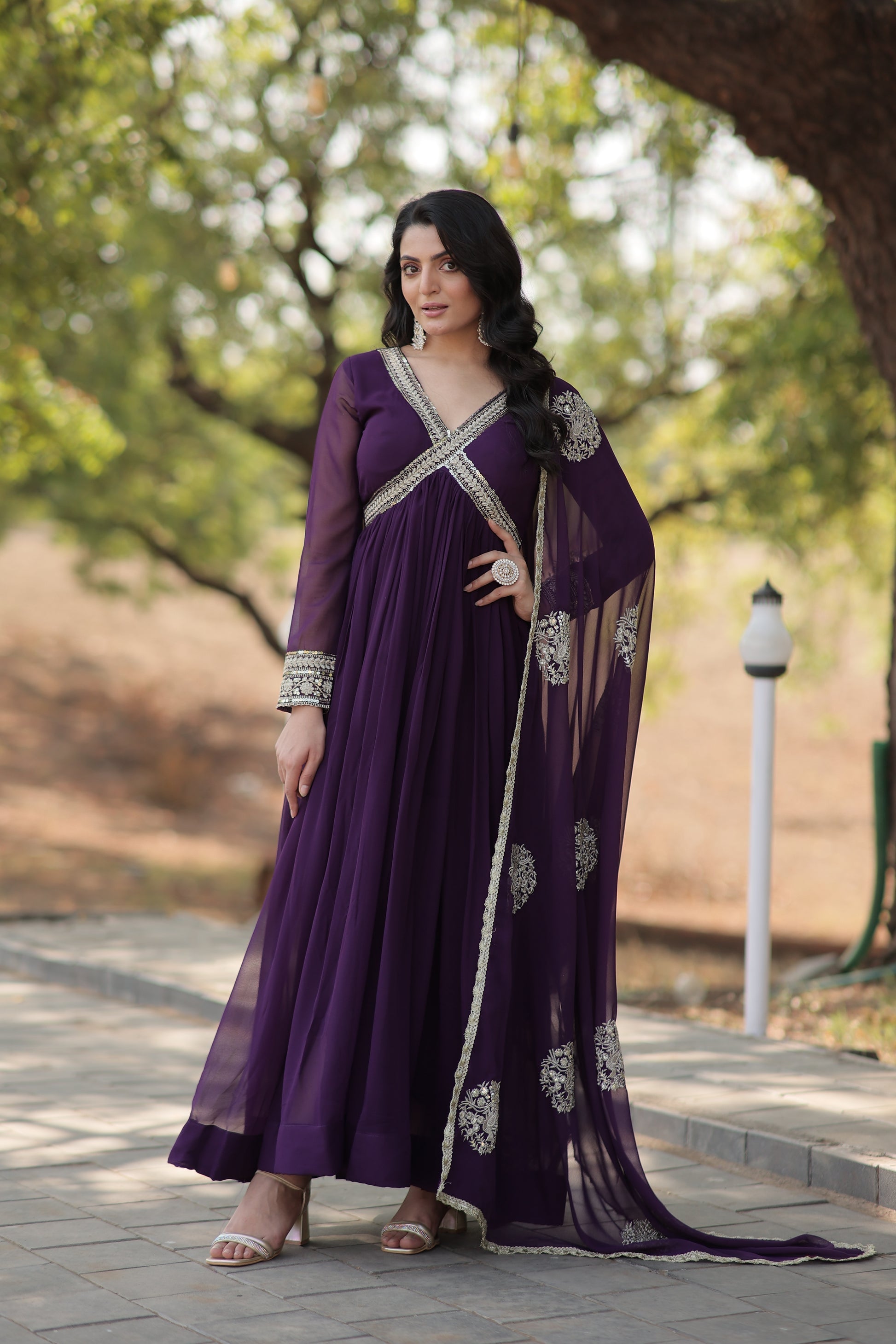 Purple embroidered Alia cut Jisha designer Anarkali gown