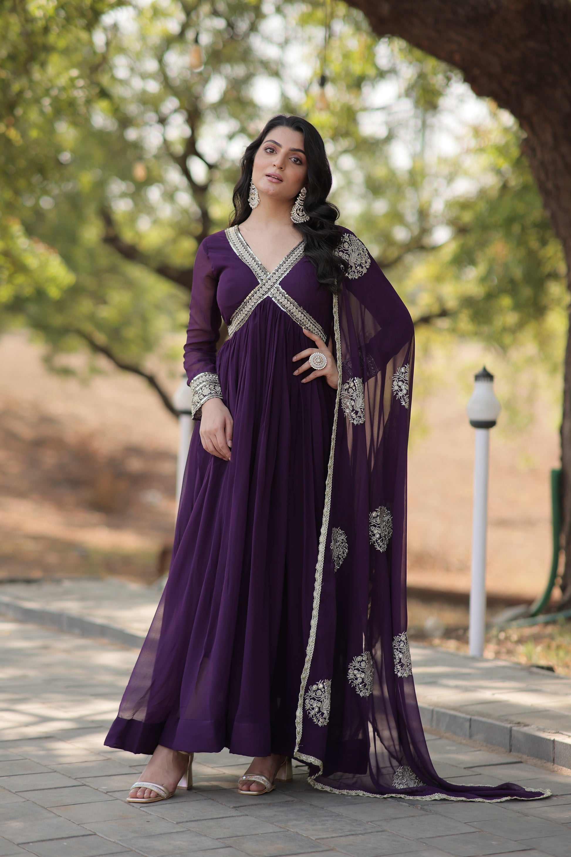 Purple embroidered Alia cut Jisha designer Anarkali gown