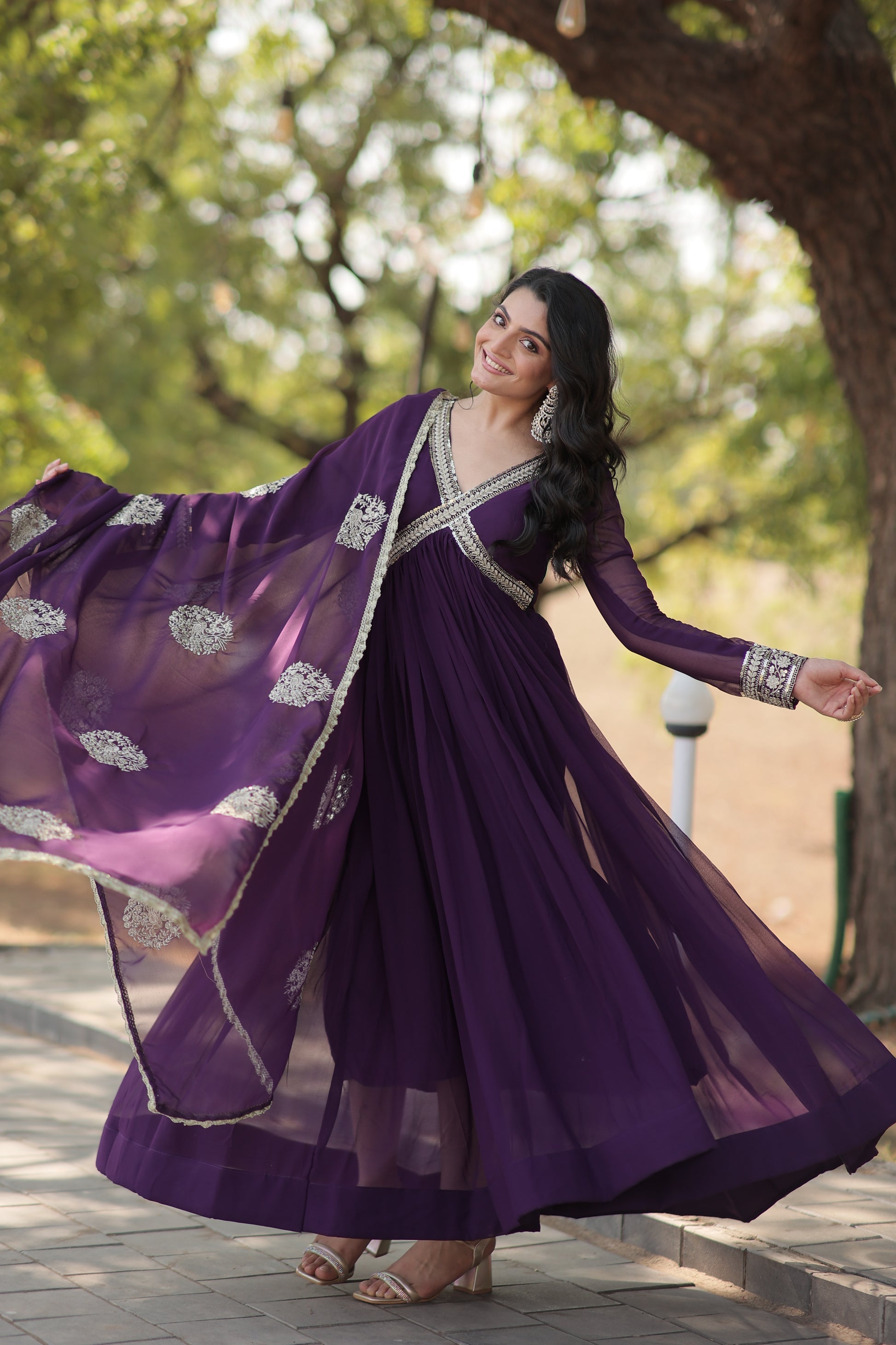 Purple embroidered Alia cut Jisha designer Anarkali gown