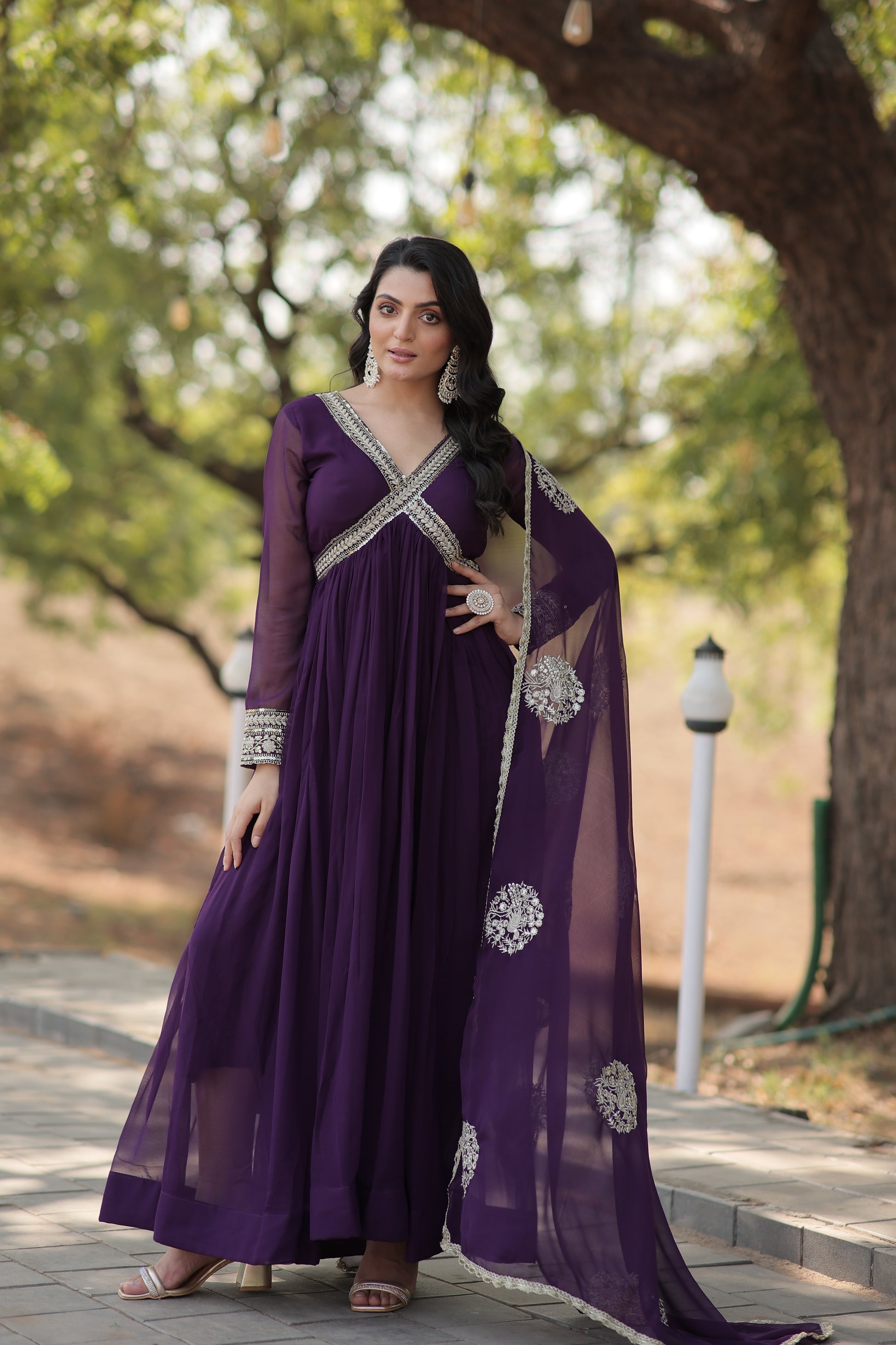 Purple embroidered Alia cut Jisha designer Anarkali gown