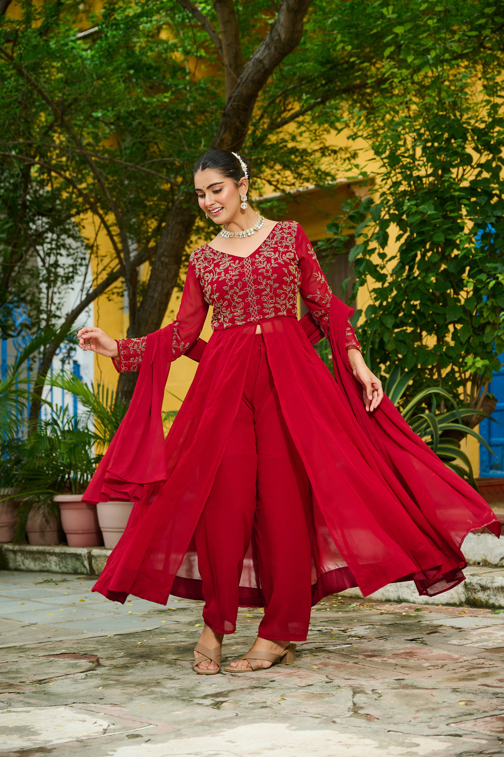 Niyu maroon faux blooming kurti with thread embroidery and bottom set