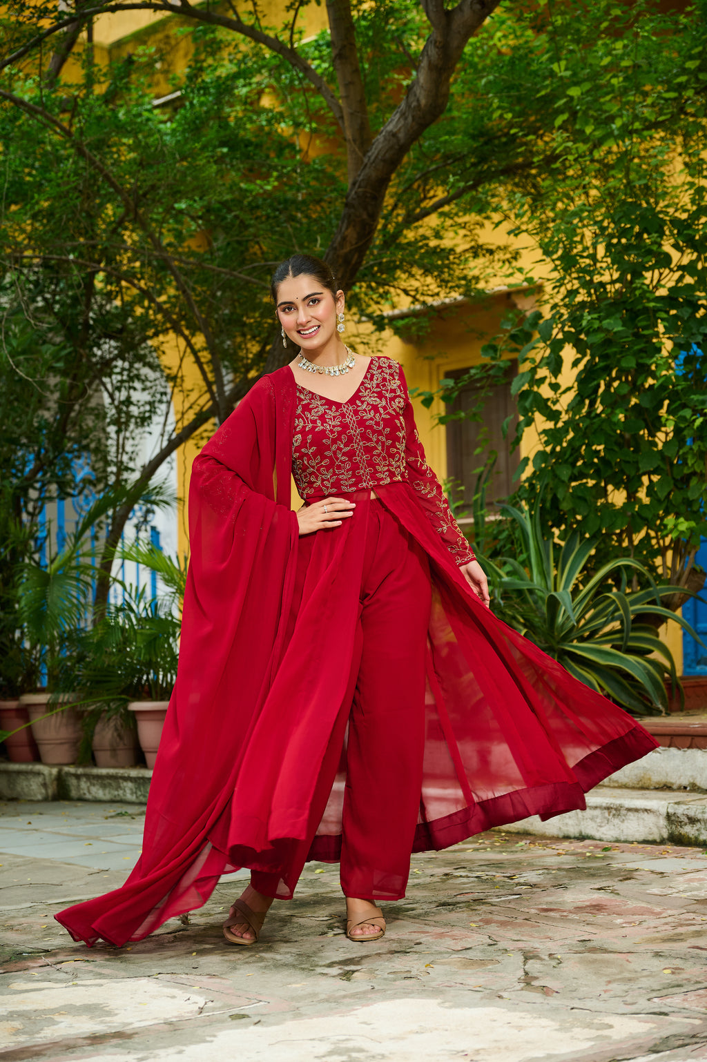 Niyu maroon faux blooming kurti with thread embroidery and bottom set