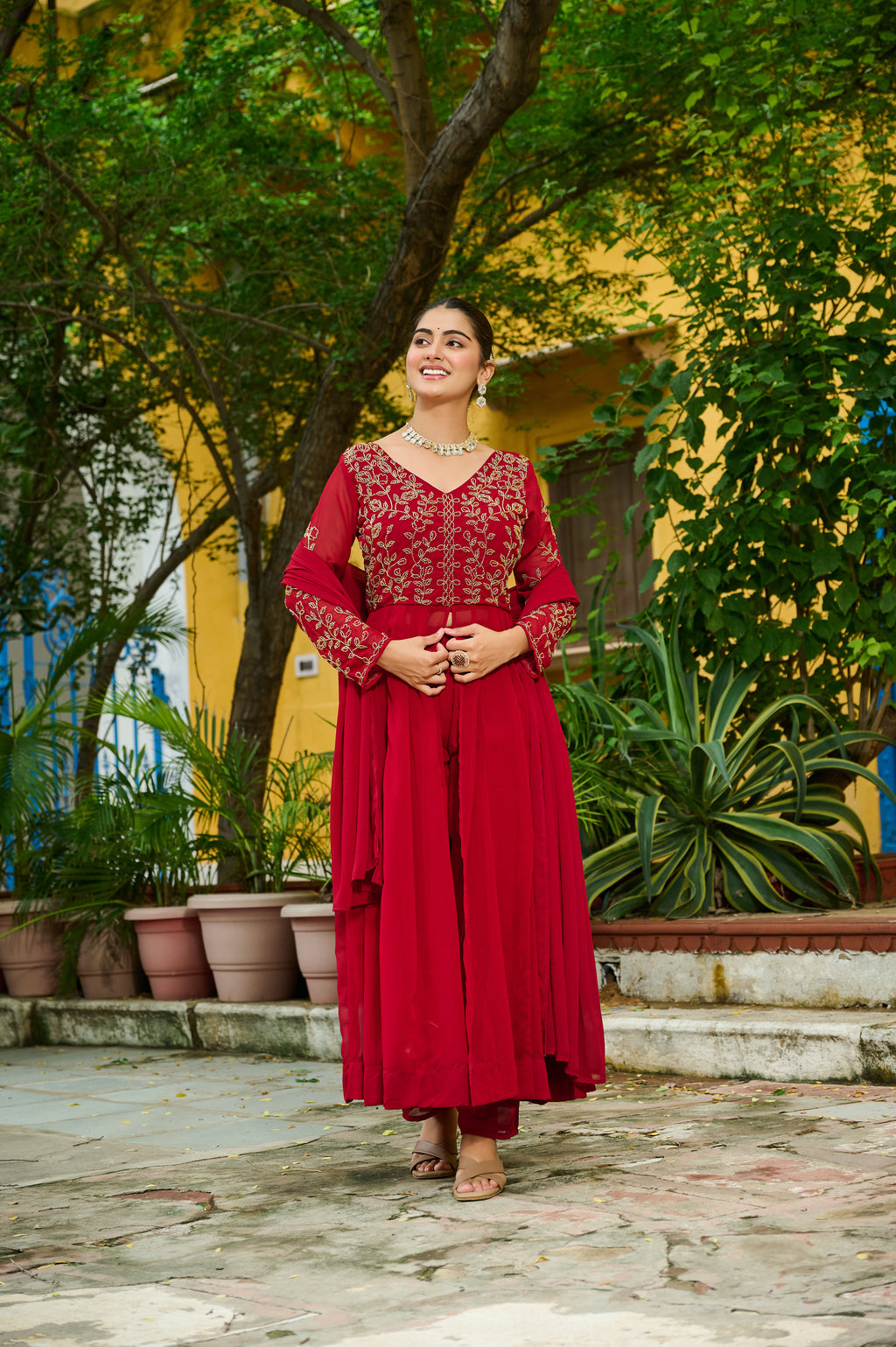 Niyu maroon faux blooming kurti with thread embroidery and bottom set