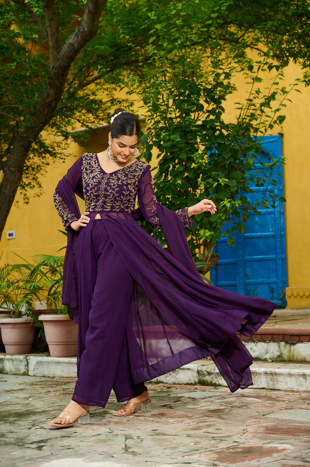Niyu Purple Color Faux Blooming Thread Embroidery Work Kurti with Bottom Set