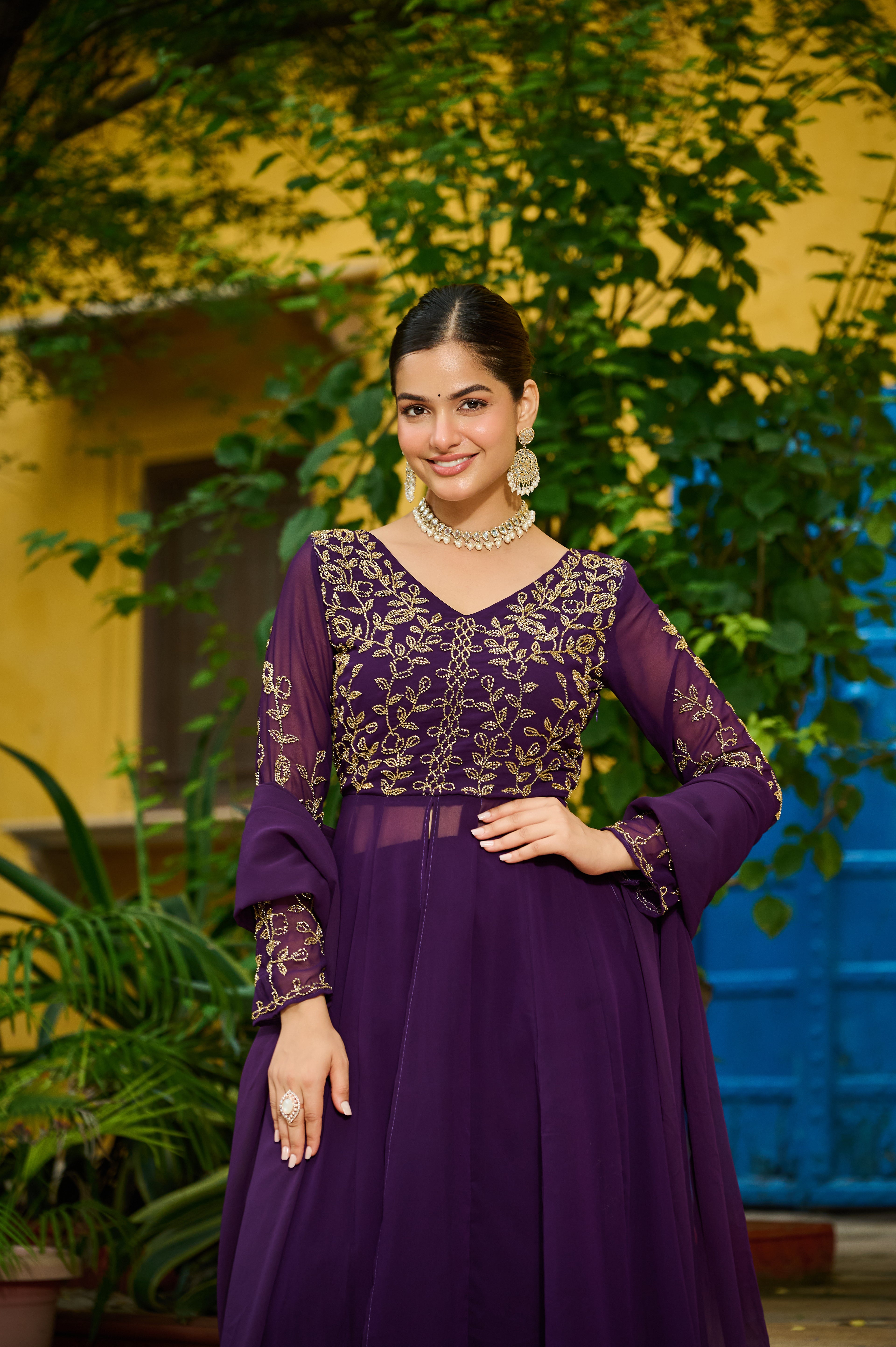 Niyu Purple Color Faux Blooming Thread Embroidery Work Kurti with Bottom Set