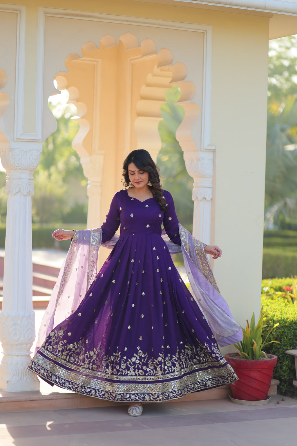 Rupa purple star georgette gown with zari sequins embroidery and dupatta