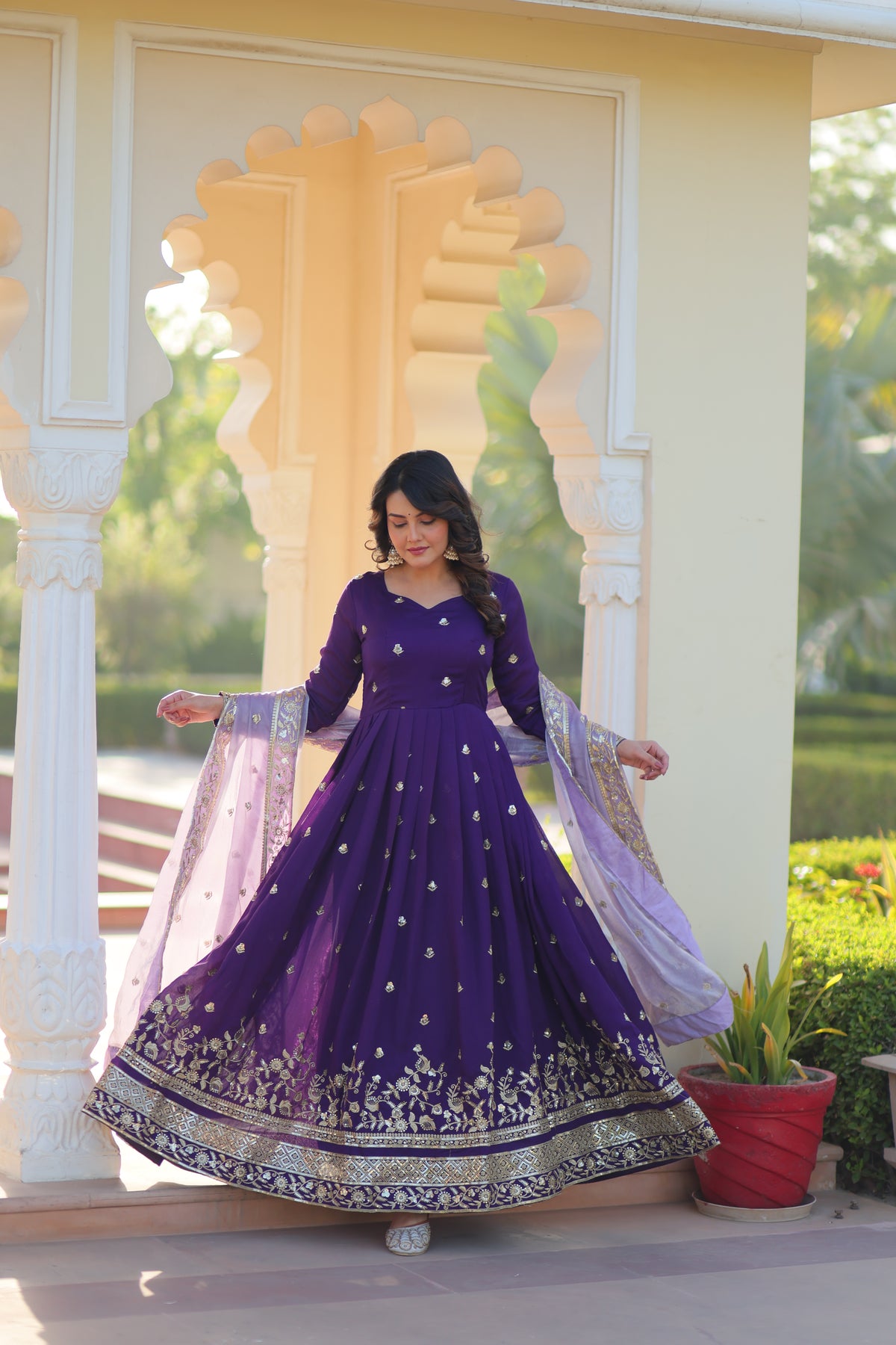 Rupa purple star georgette gown with zari sequins embroidery and dupatta