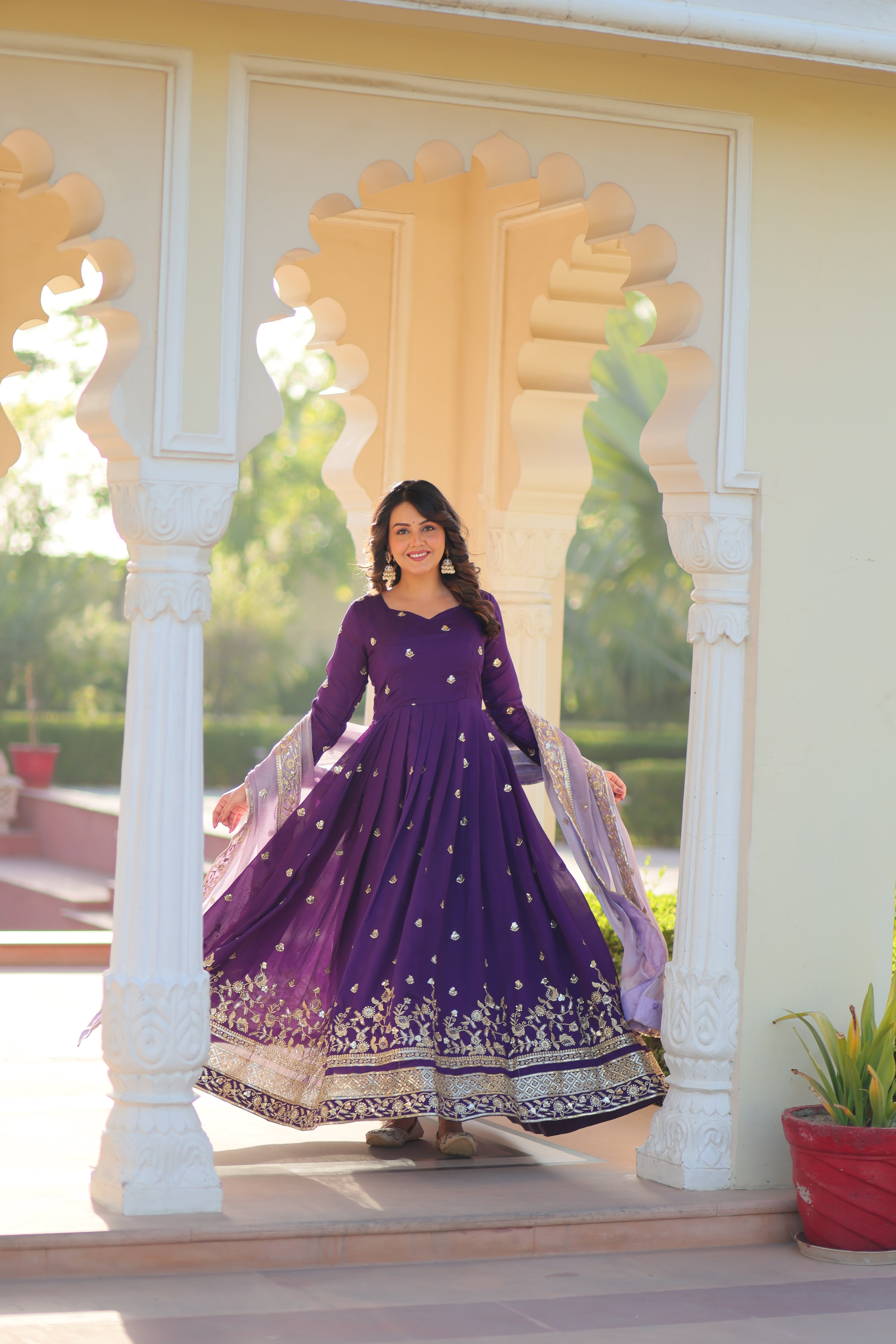 Rupa Purple Color Star Georgette Embroidery Zari Sequins Work Gown with Dupatta