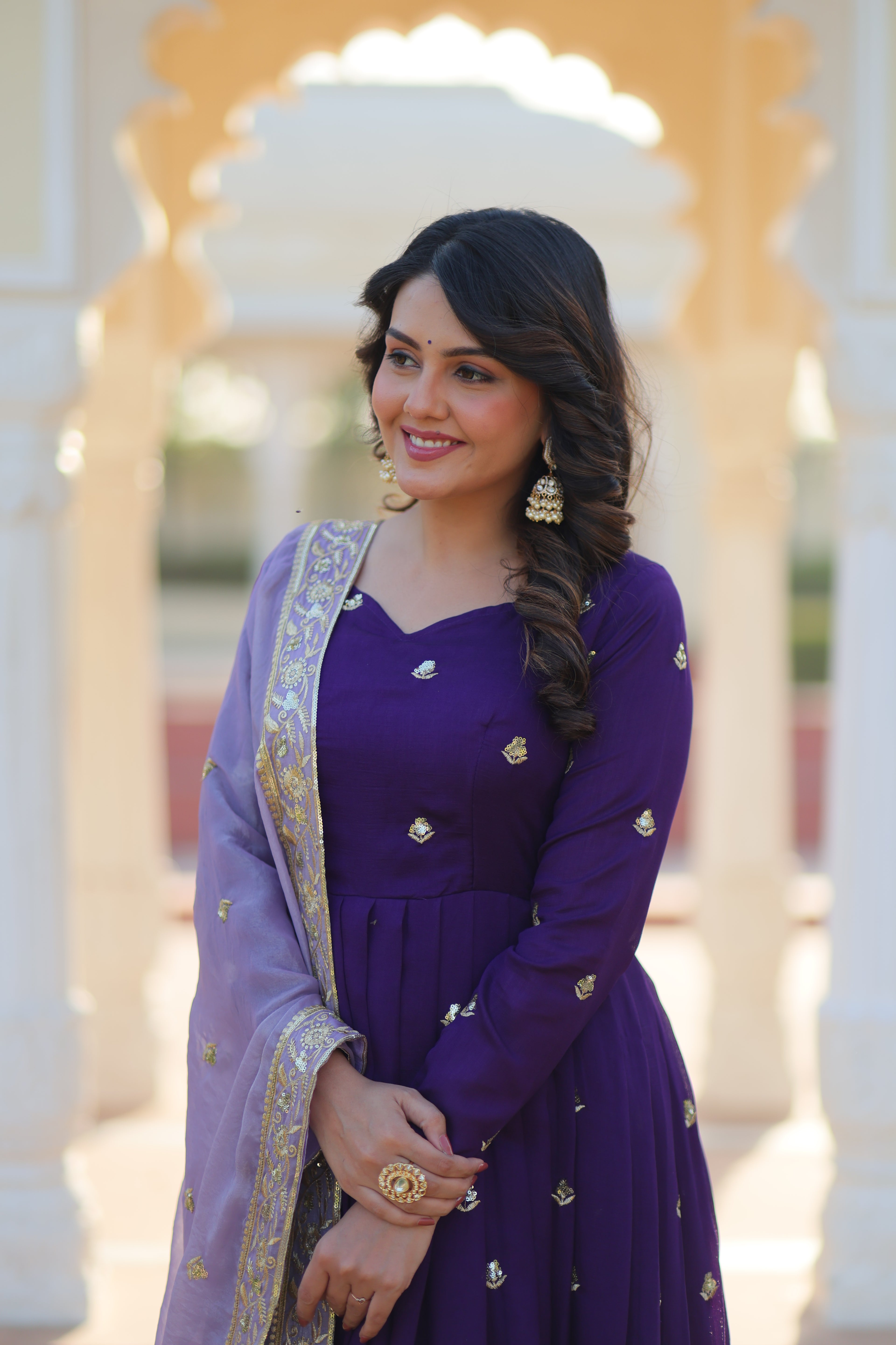 Rupa Purple Color Star Georgette Embroidery Zari Sequins Work Gown with Dupatta