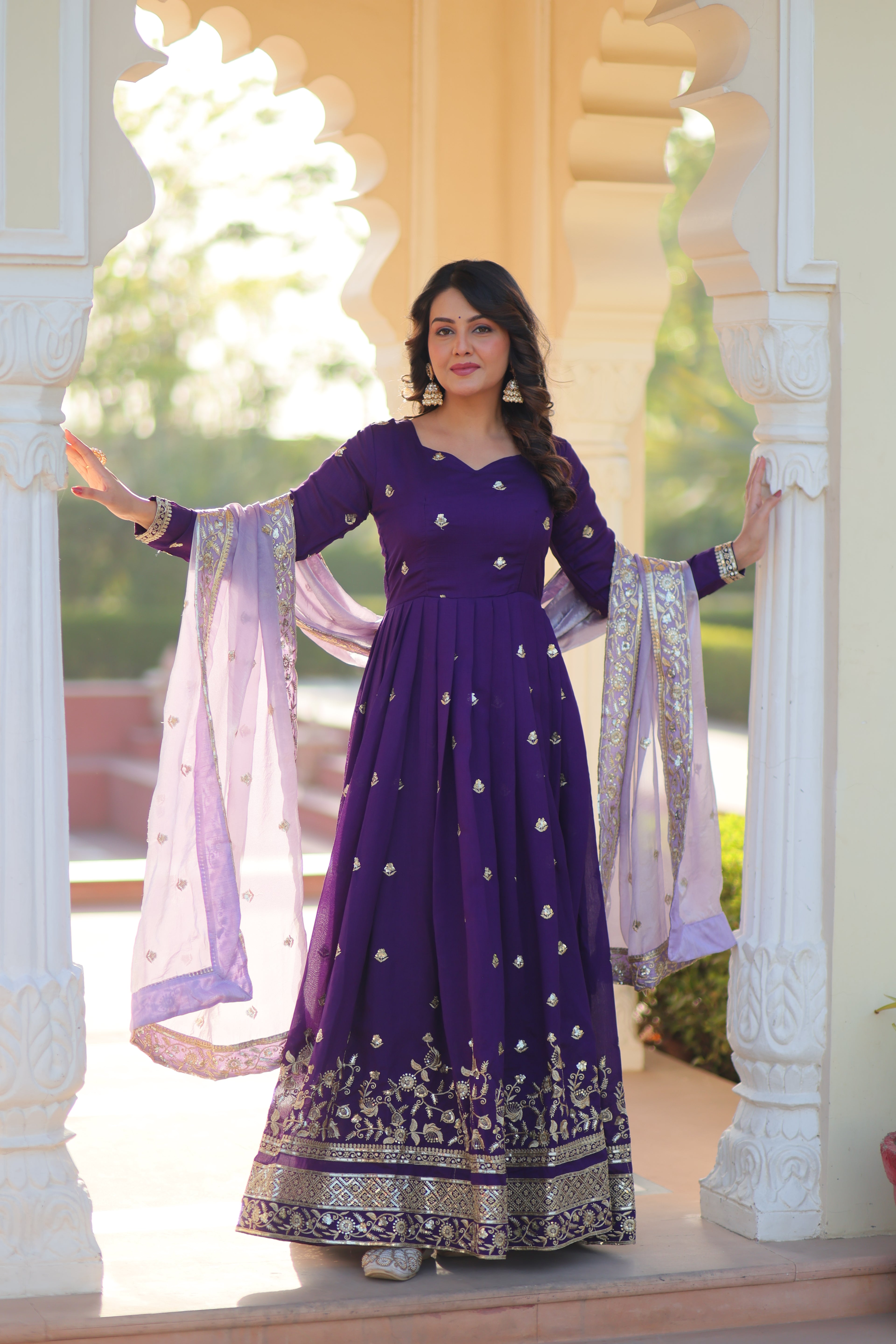 Rupa Purple Color Star Georgette Embroidery Zari Sequins Work Gown with Dupatta