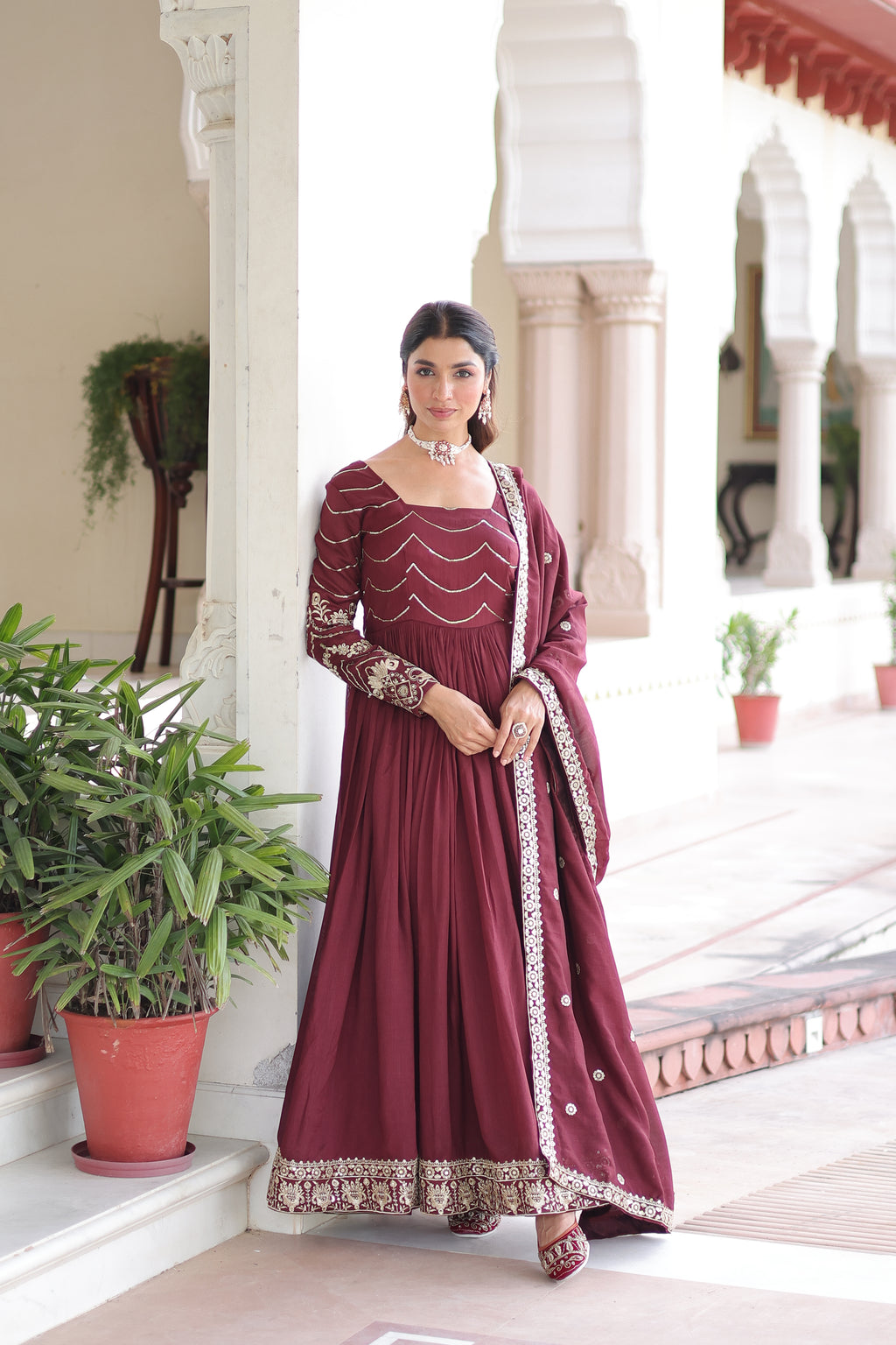 Yani Maroon Color Vichitra Silk Sequins Embroidered Work Gown with Dupatta