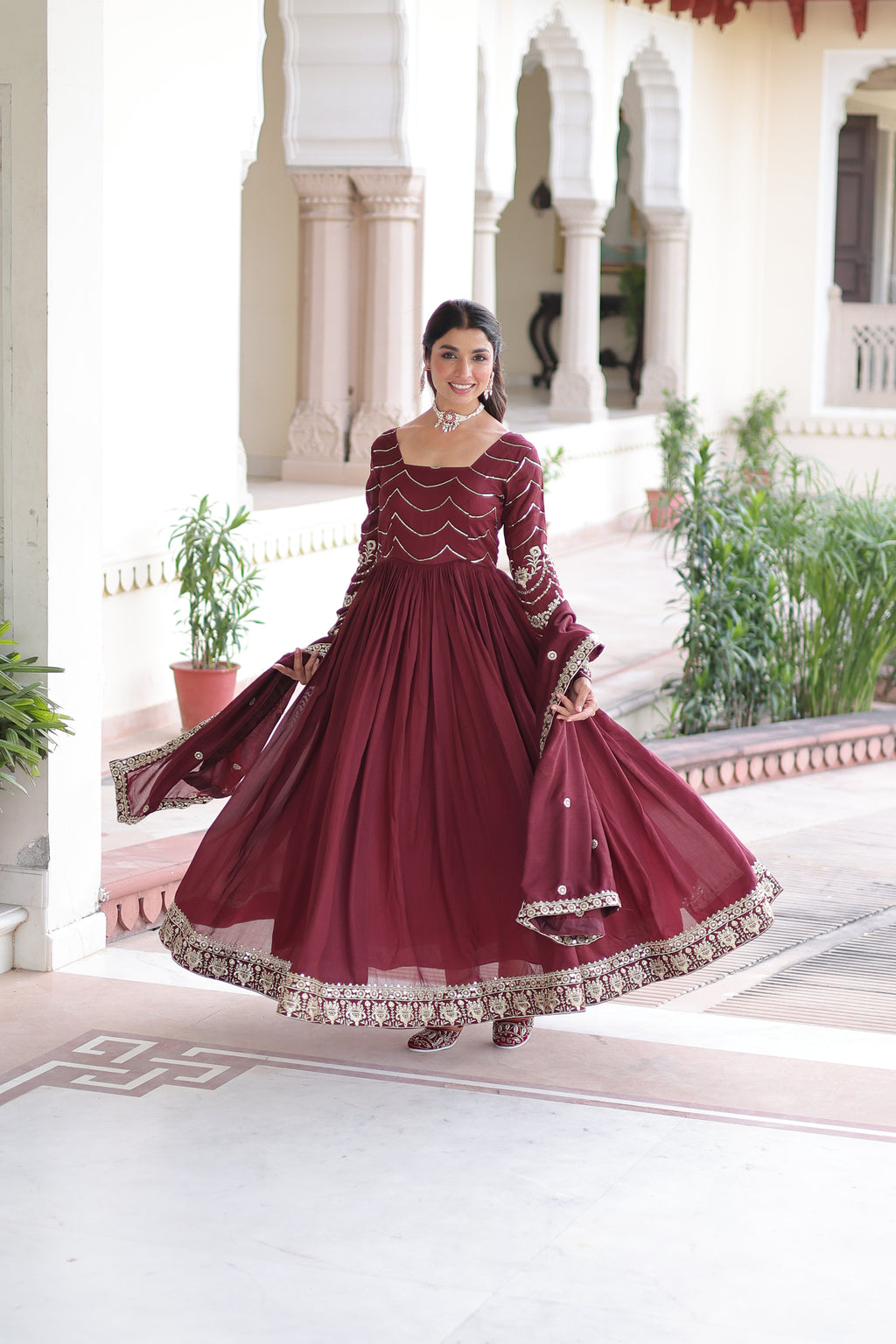 Yani Maroon Color Vichitra Silk Sequins Embroidered Work Gown with Dupatta