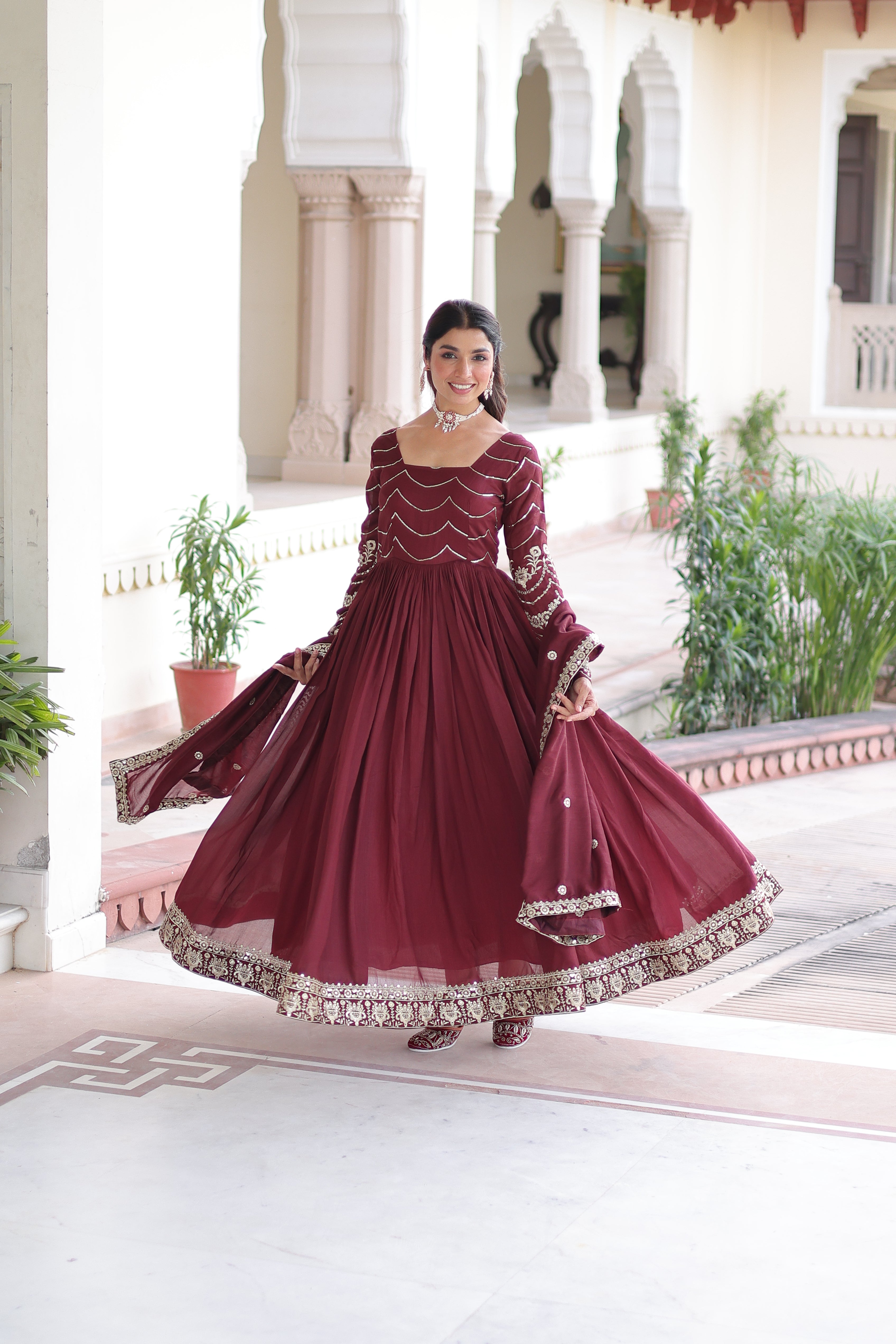 Yani Maroon Color Vichitra Silk Sequins Embroidered Work Gown with Dupatta