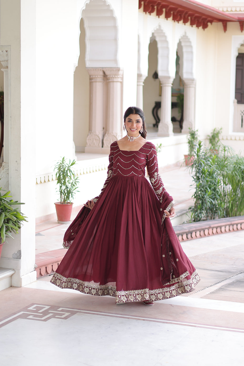 Yani Maroon Color Vichitra Silk Sequins Embroidered Work Gown with Dupatta
