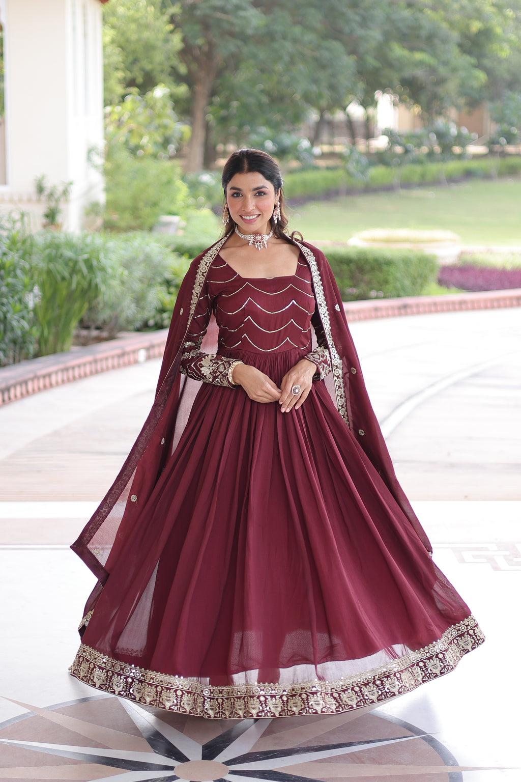 Yani Maroon Color Vichitra Silk Sequins Embroidered Work Gown with Dupatta