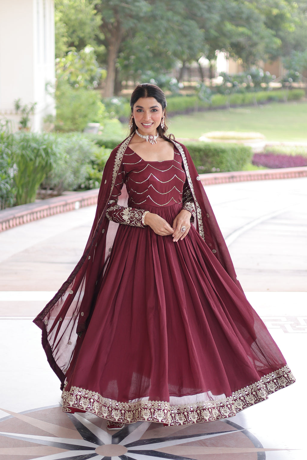 Yani Maroon Color Vichitra Silk Sequins Embroidered Work Gown with Dupatta