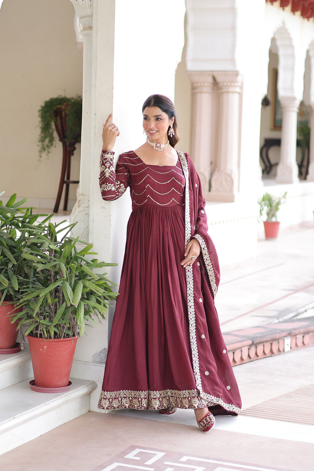 Yani Maroon Color Vichitra Silk Sequins Embroidered Work Gown with Dupatta