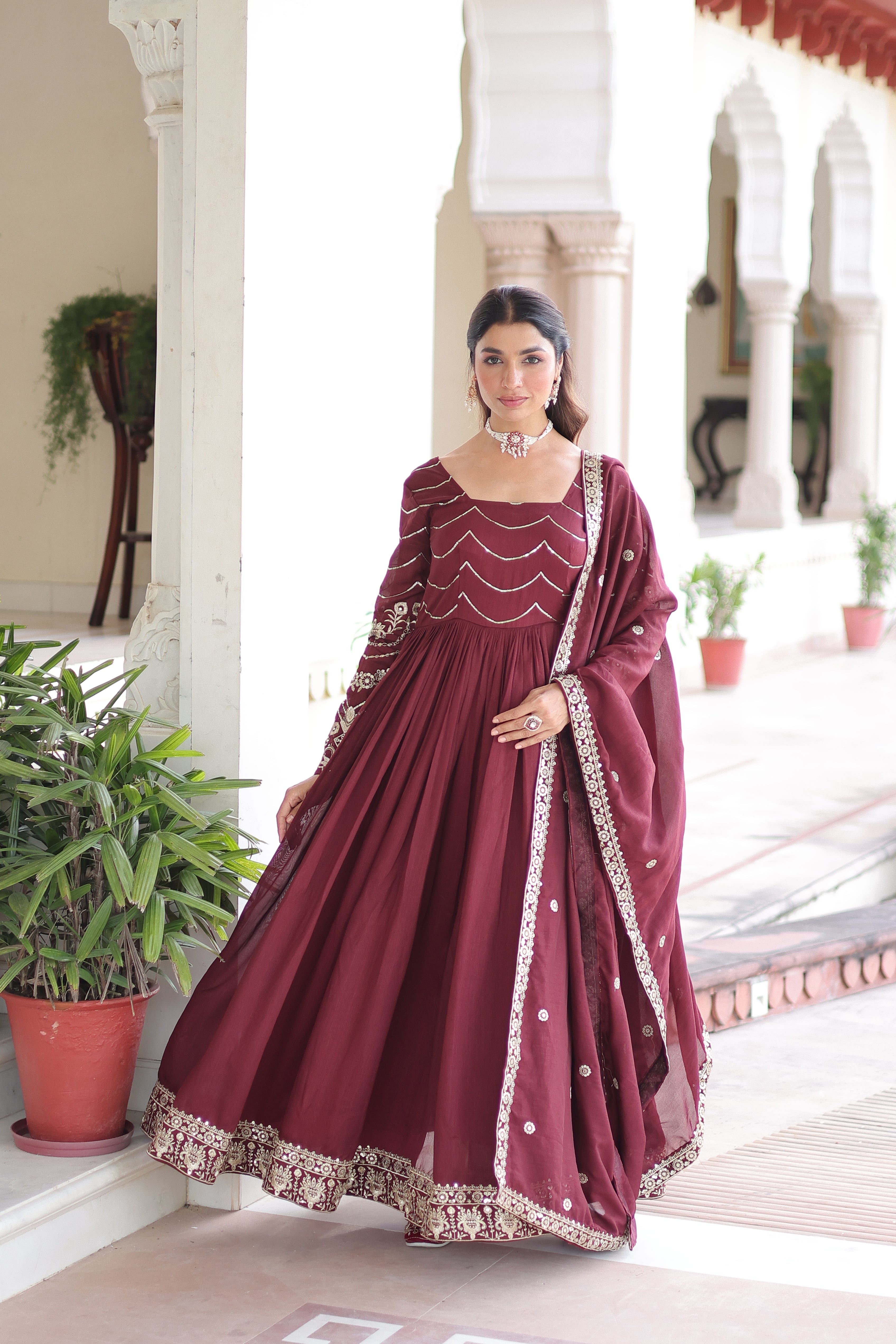 Yani Maroon Color Vichitra Silk Sequins Embroidered Work Gown with Dupatta