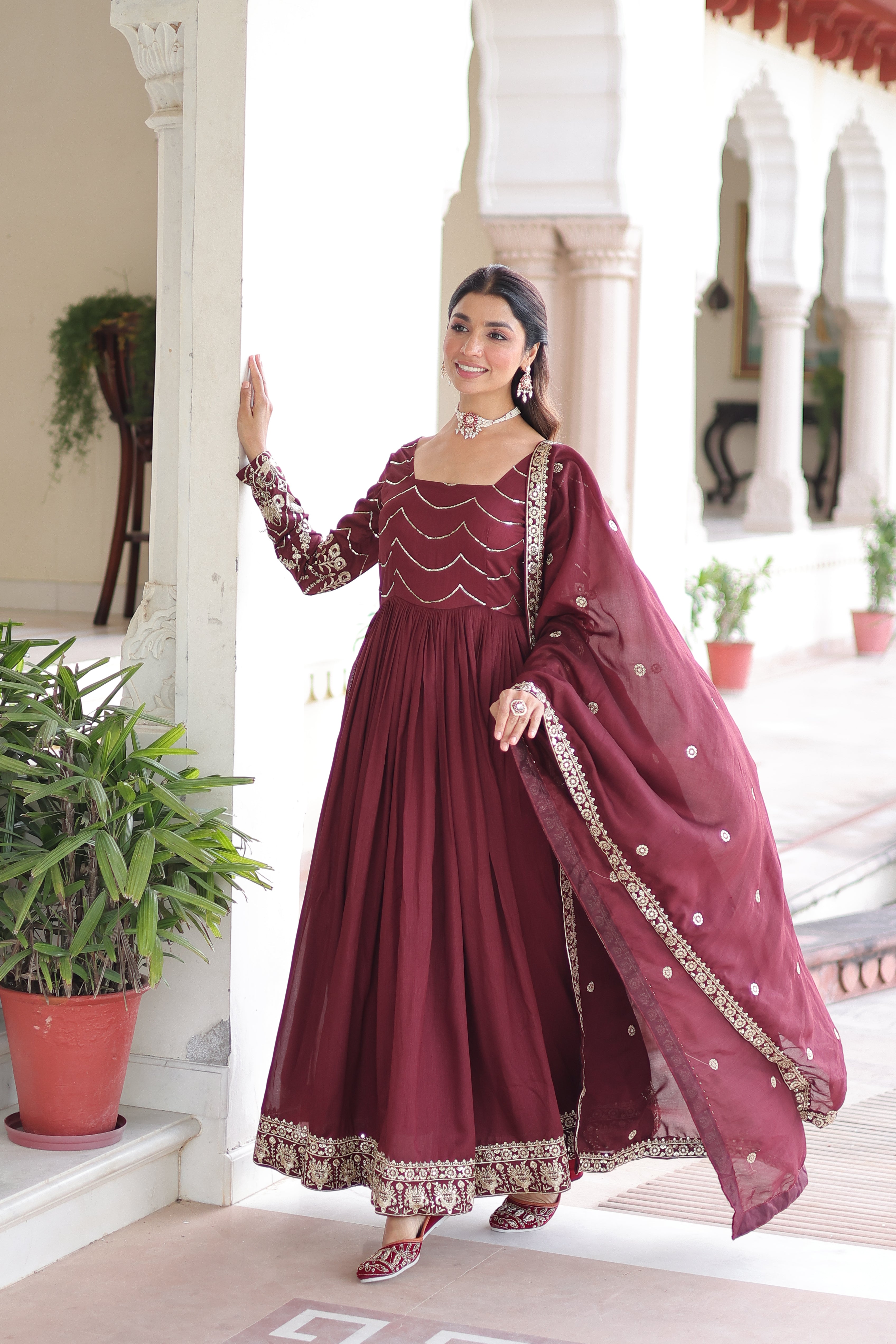 Yani Maroon Color Vichitra Silk Sequins Embroidered Work Gown with Dupatta