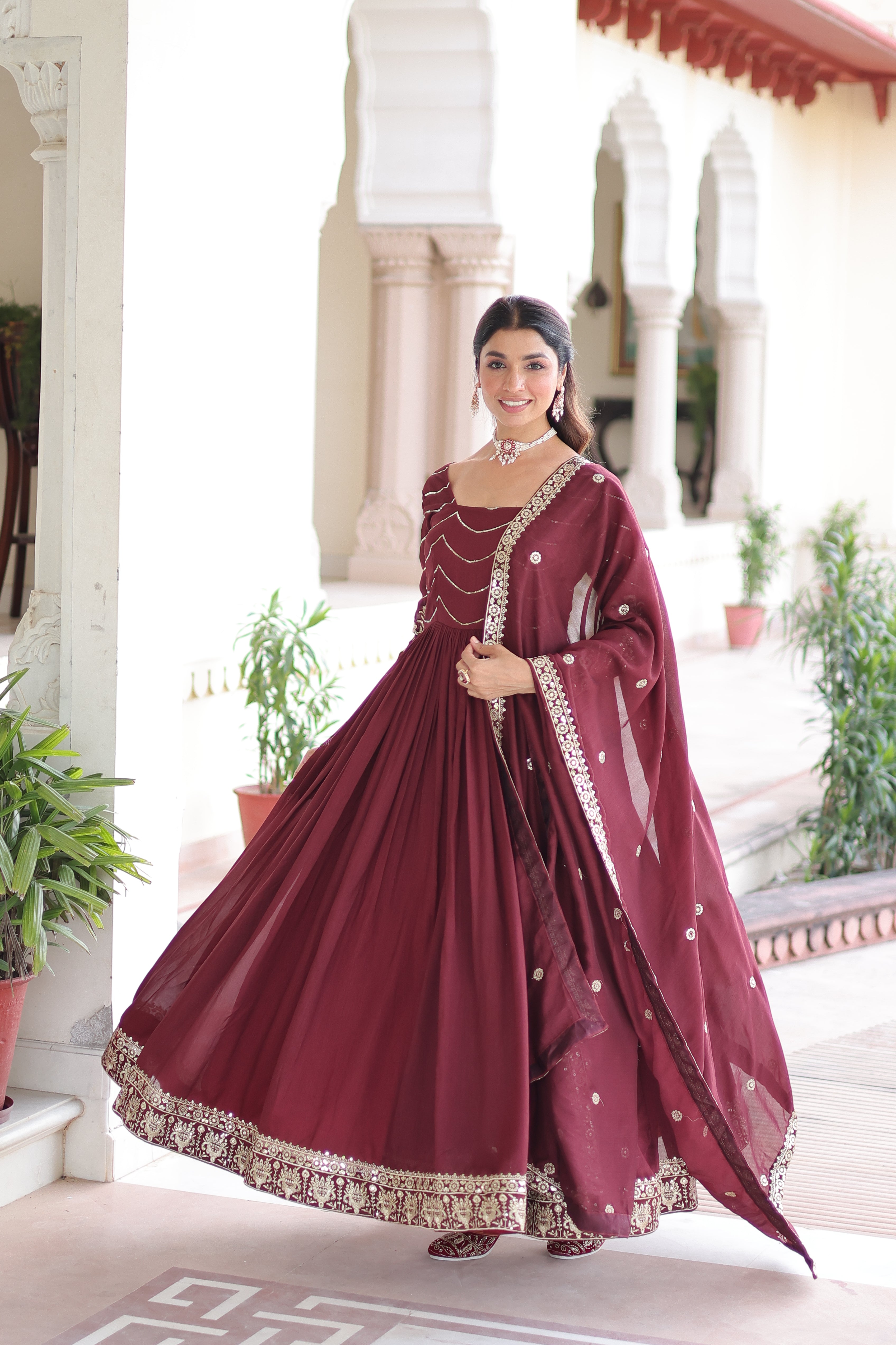 Yani Maroon Color Vichitra Silk Sequins Embroidered Work Gown with Dupatta