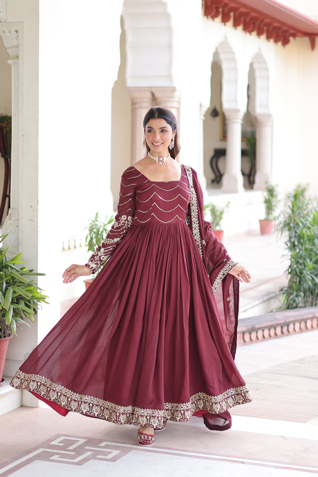 Yani Maroon Color Vichitra Silk Sequins Embroidered Work Gown with Dupatta