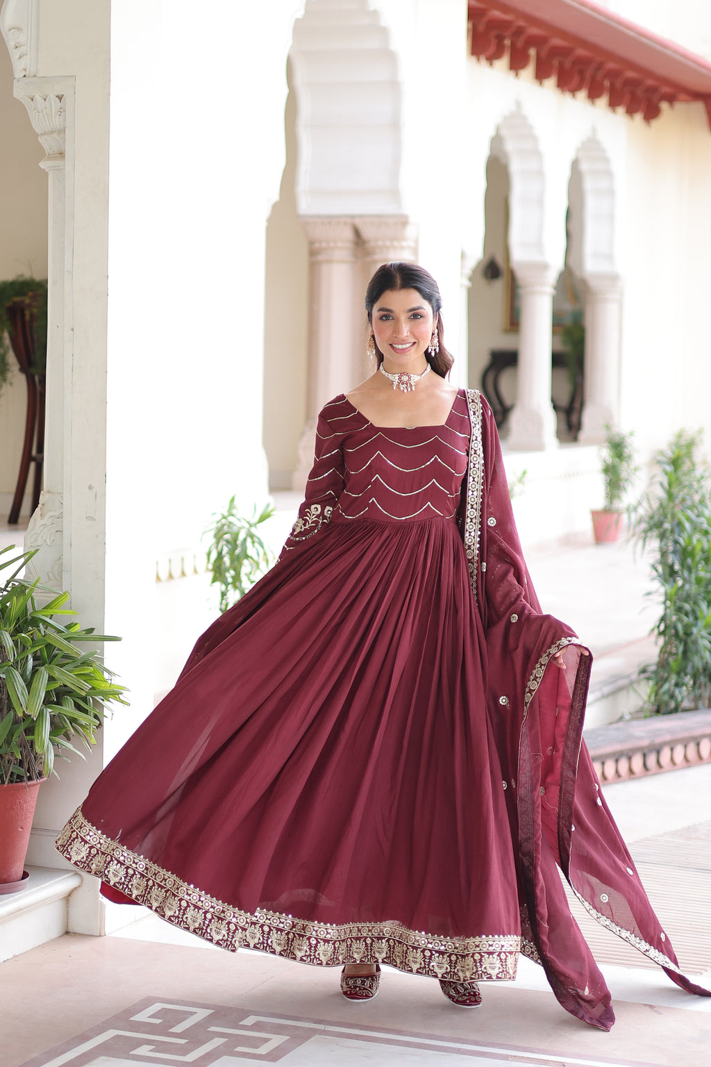 Yani Maroon Color Vichitra Silk Sequins Embroidered Work Gown with Dupatta