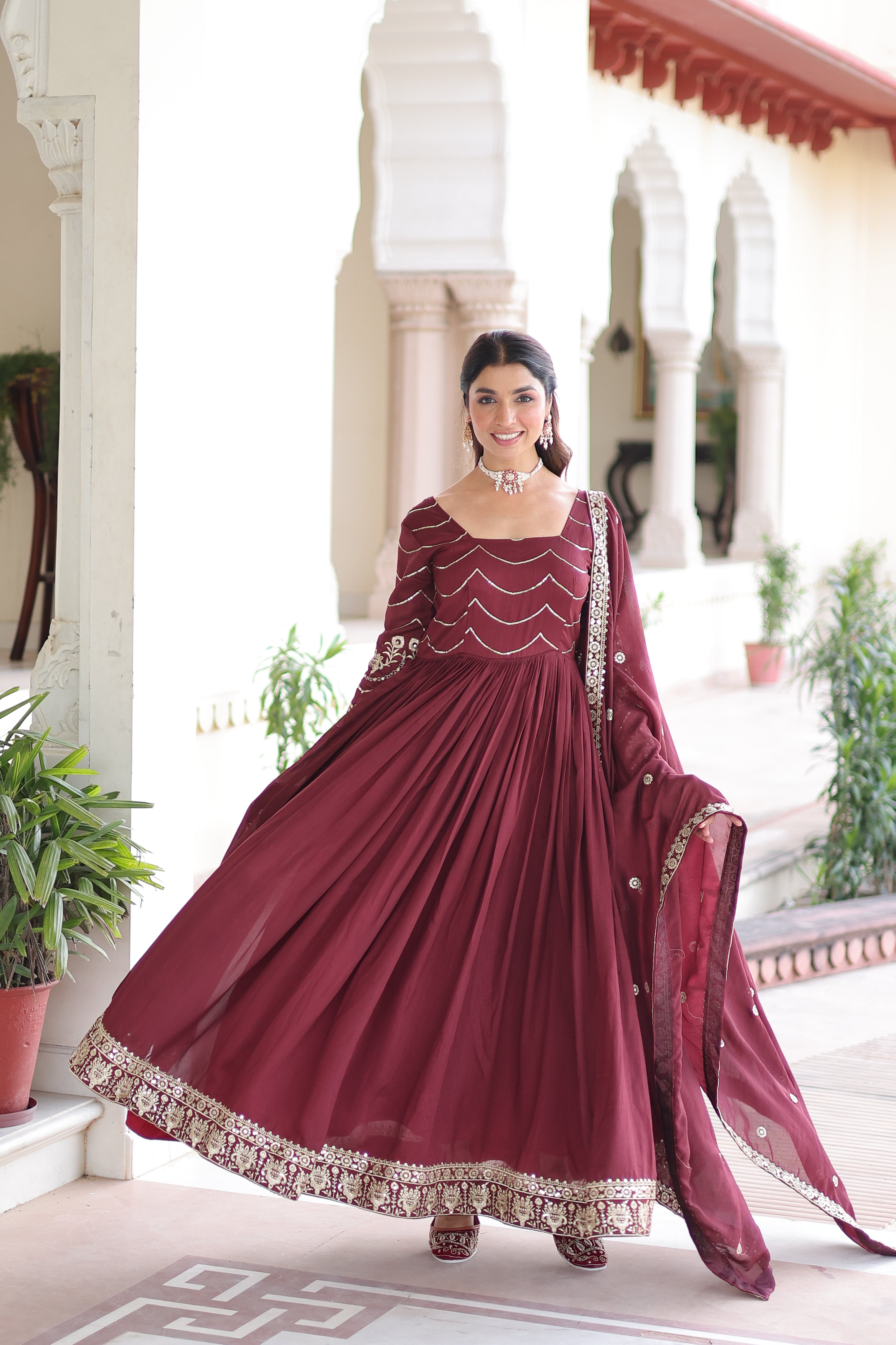 Yani Maroon Color Vichitra Silk Sequins Embroidered Work Gown with Dupatta