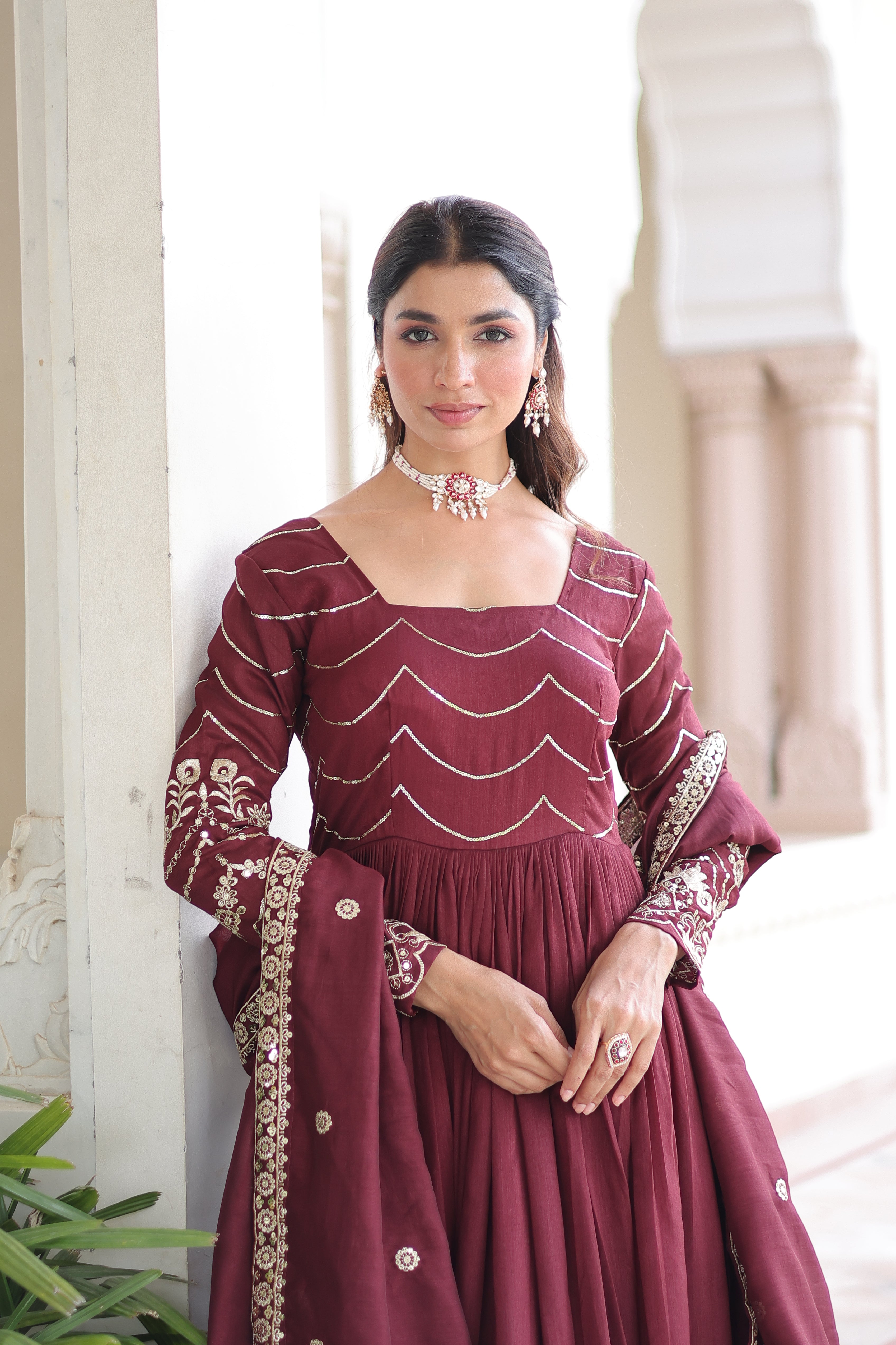 Yani Maroon Color Vichitra Silk Sequins Embroidered Work Gown with Dupatta