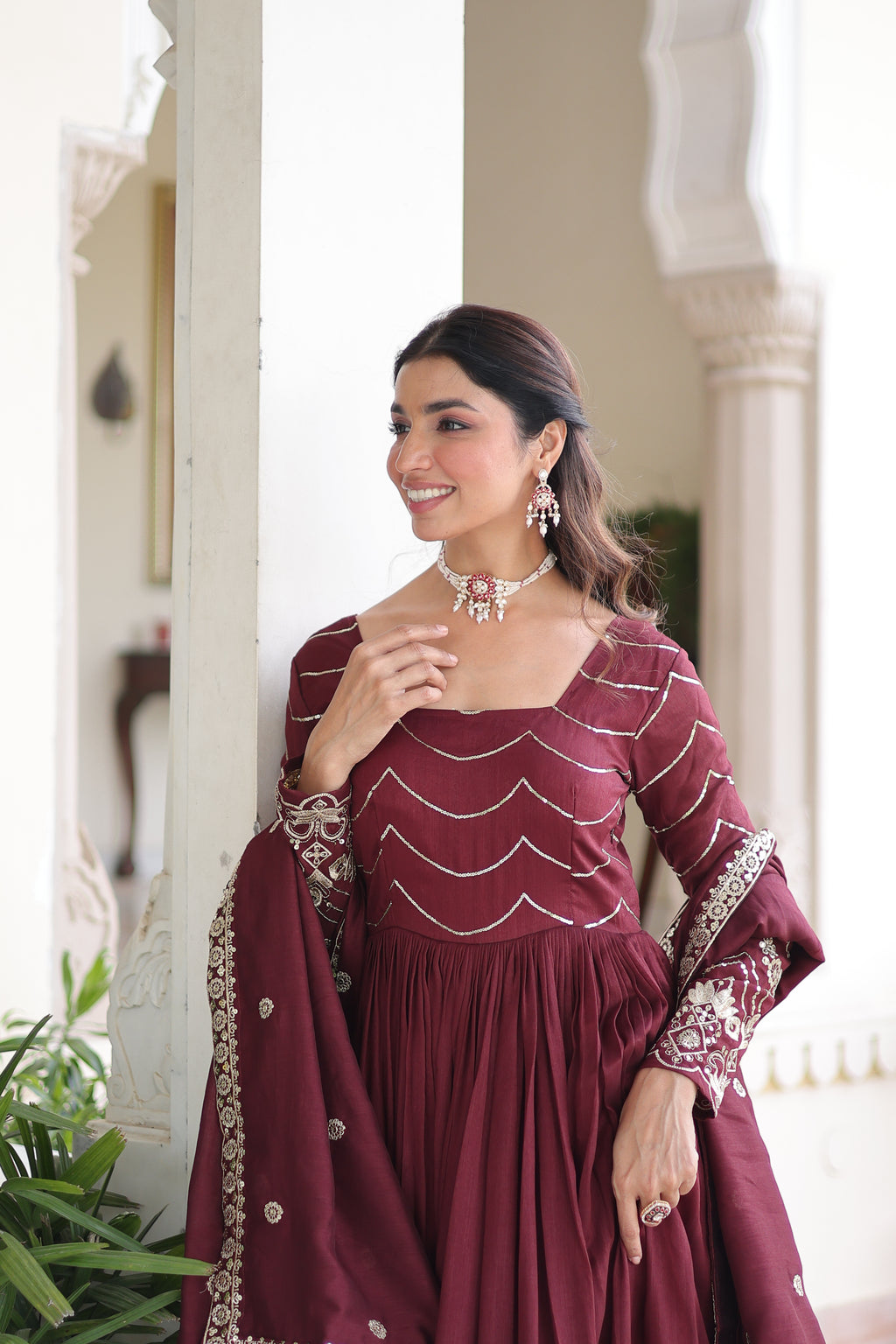 Yani Maroon Color Vichitra Silk Sequins Embroidered Work Gown with Dupatta