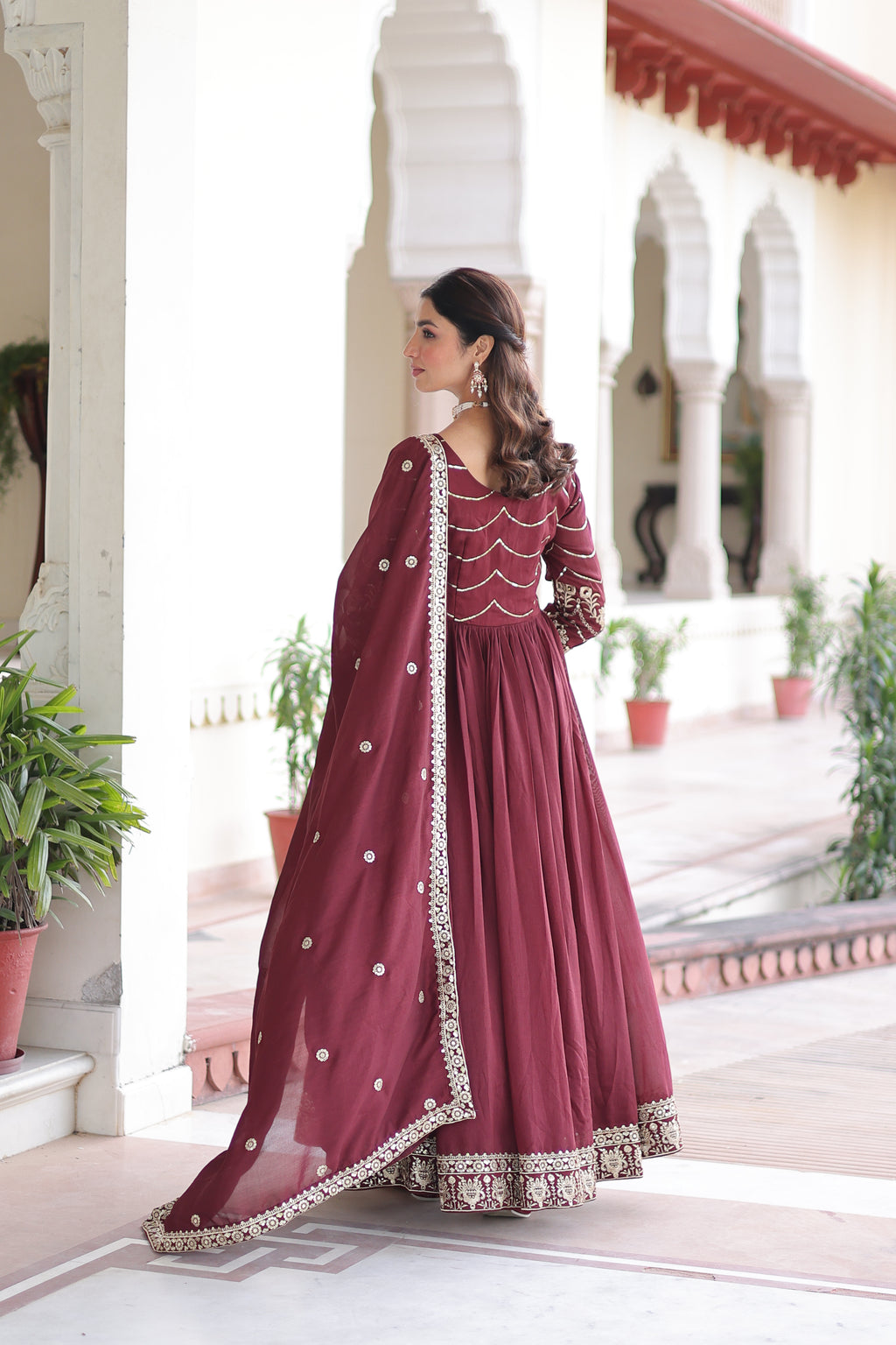 Yani Maroon Color Vichitra Silk Sequins Embroidered Work Gown with Dupatta