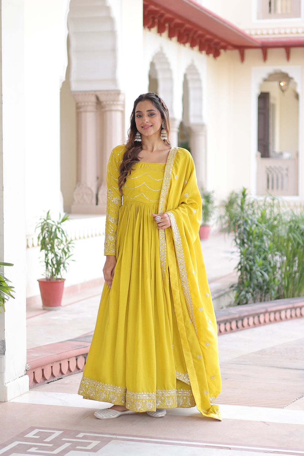 Yani Yellow Color Vichitra Silk Sequins Embroidered Work Gown with Dupatta
