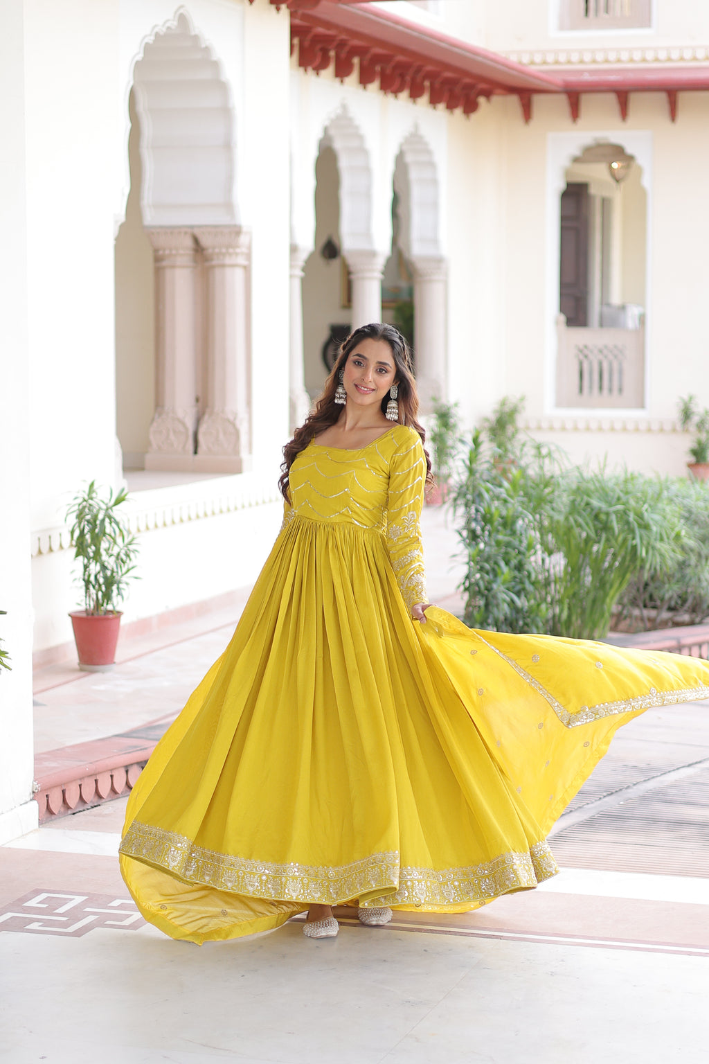 Yani Yellow Color Vichitra Silk Sequins Embroidered Work Gown with Dupatta