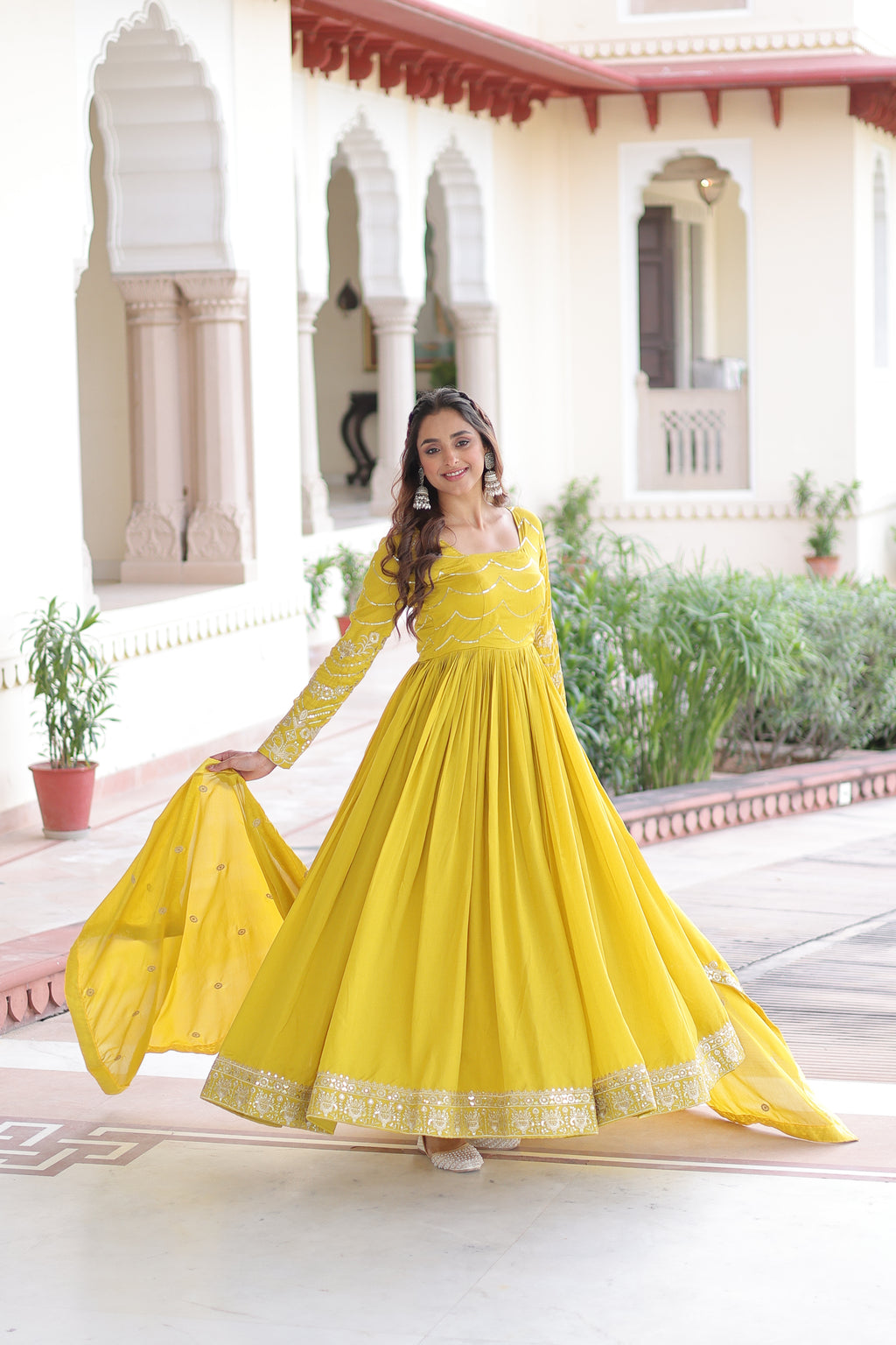 Yani Yellow Color Vichitra Silk Sequins Embroidered Work Gown with Dupatta