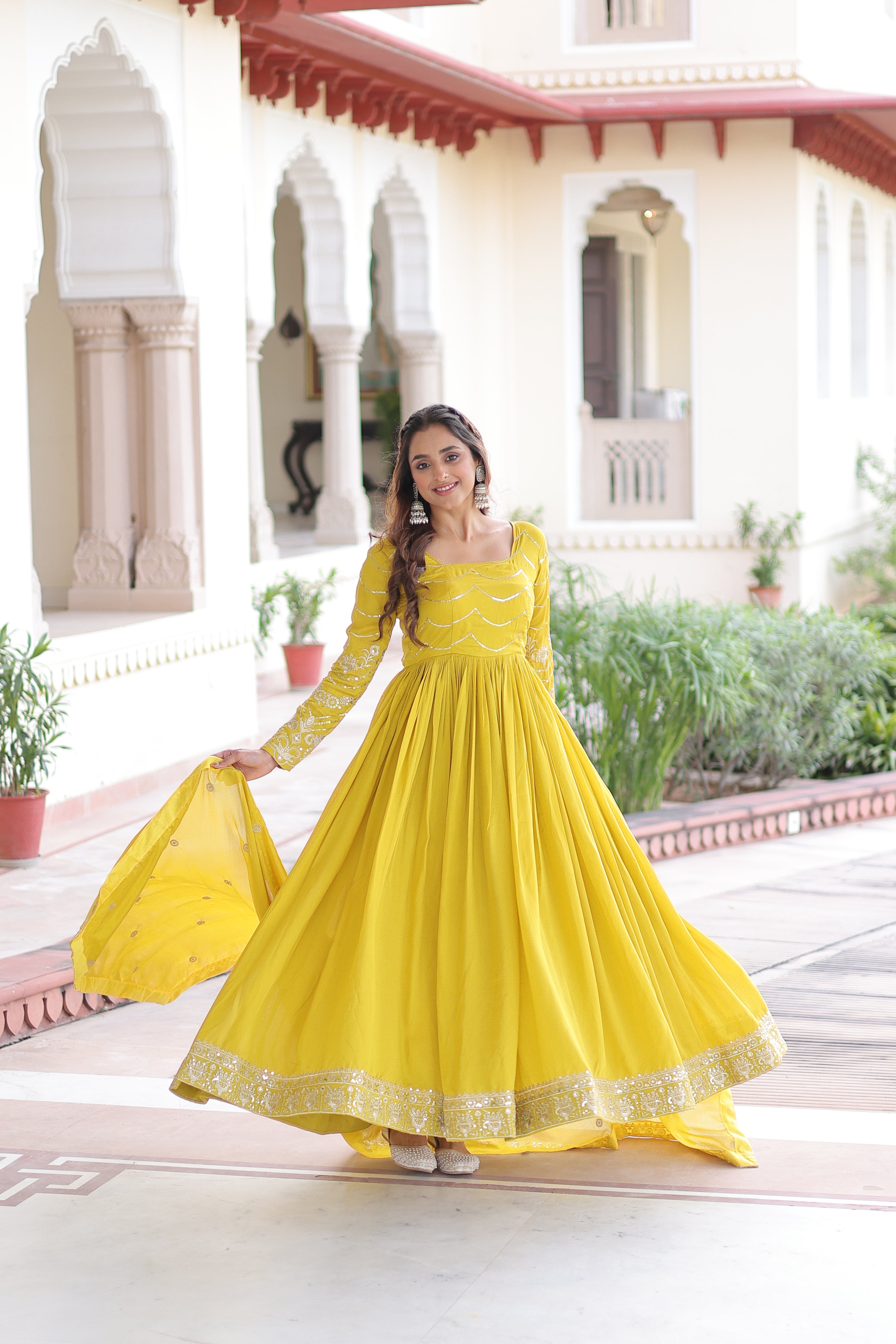 Yani Yellow Color Vichitra Silk Sequins Embroidered Work Gown with Dupatta