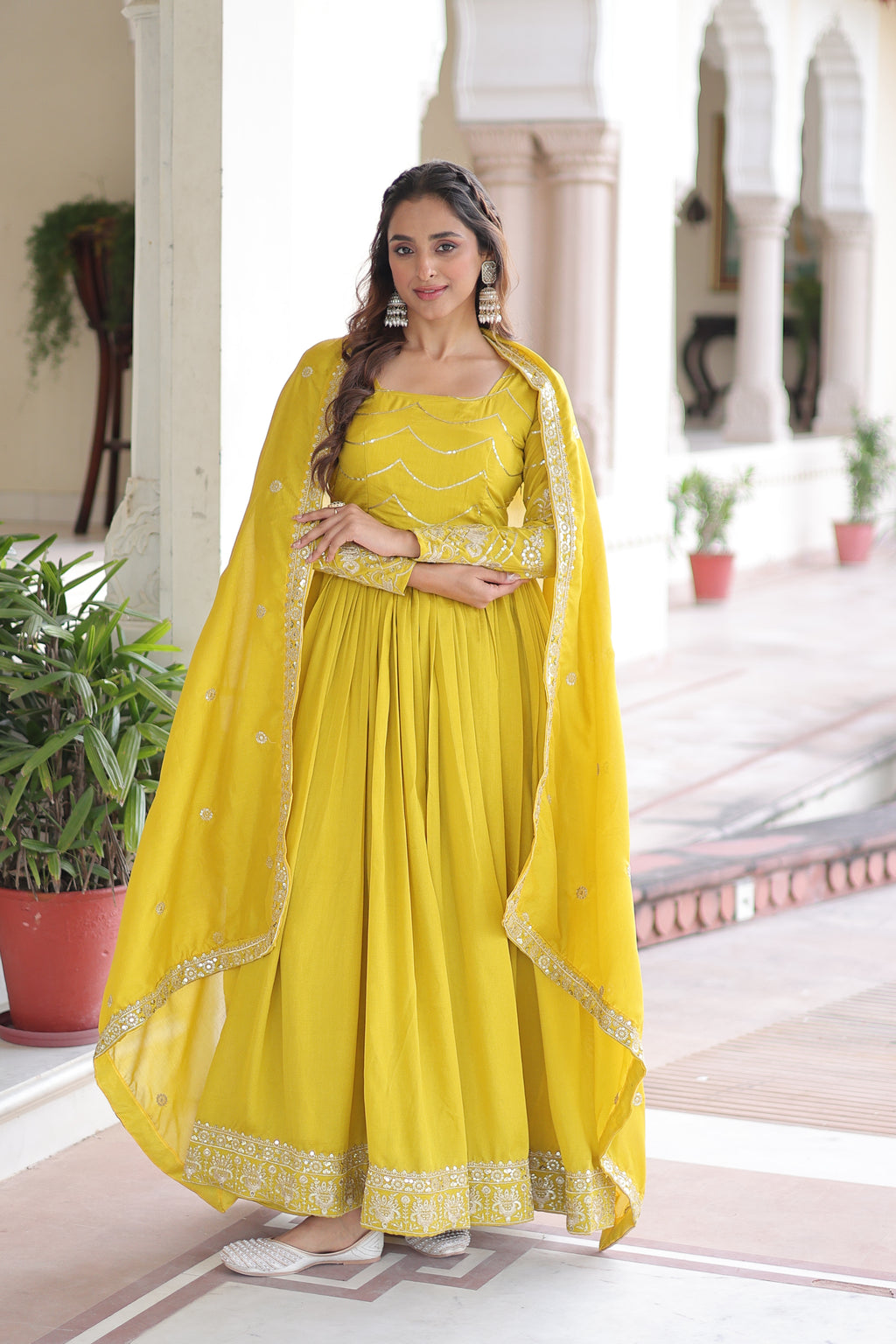 Yani Yellow Color Vichitra Silk Sequins Embroidered Work Gown with Dupatta