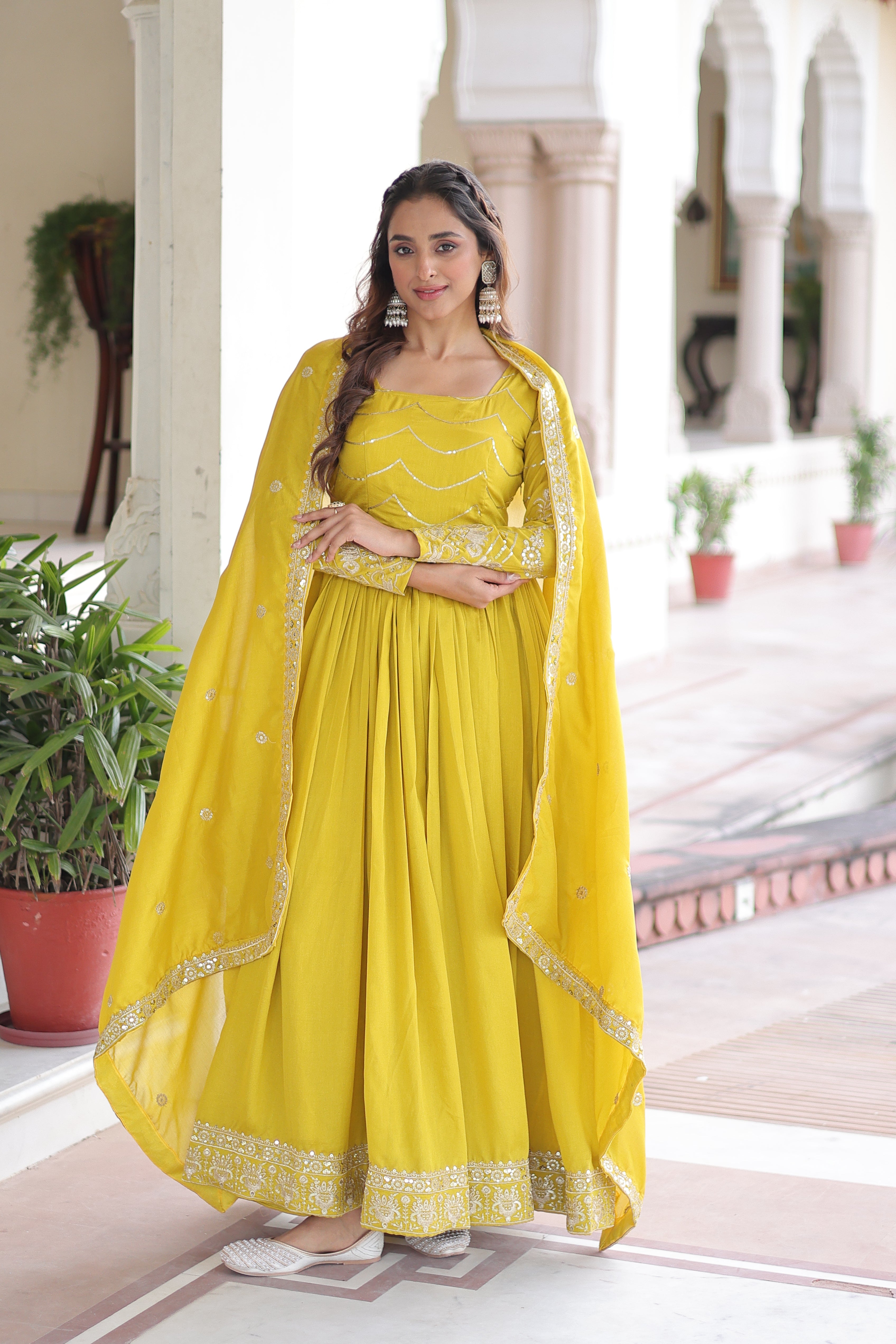 Yani Yellow Color Vichitra Silk Sequins Embroidered Work Gown with Dupatta