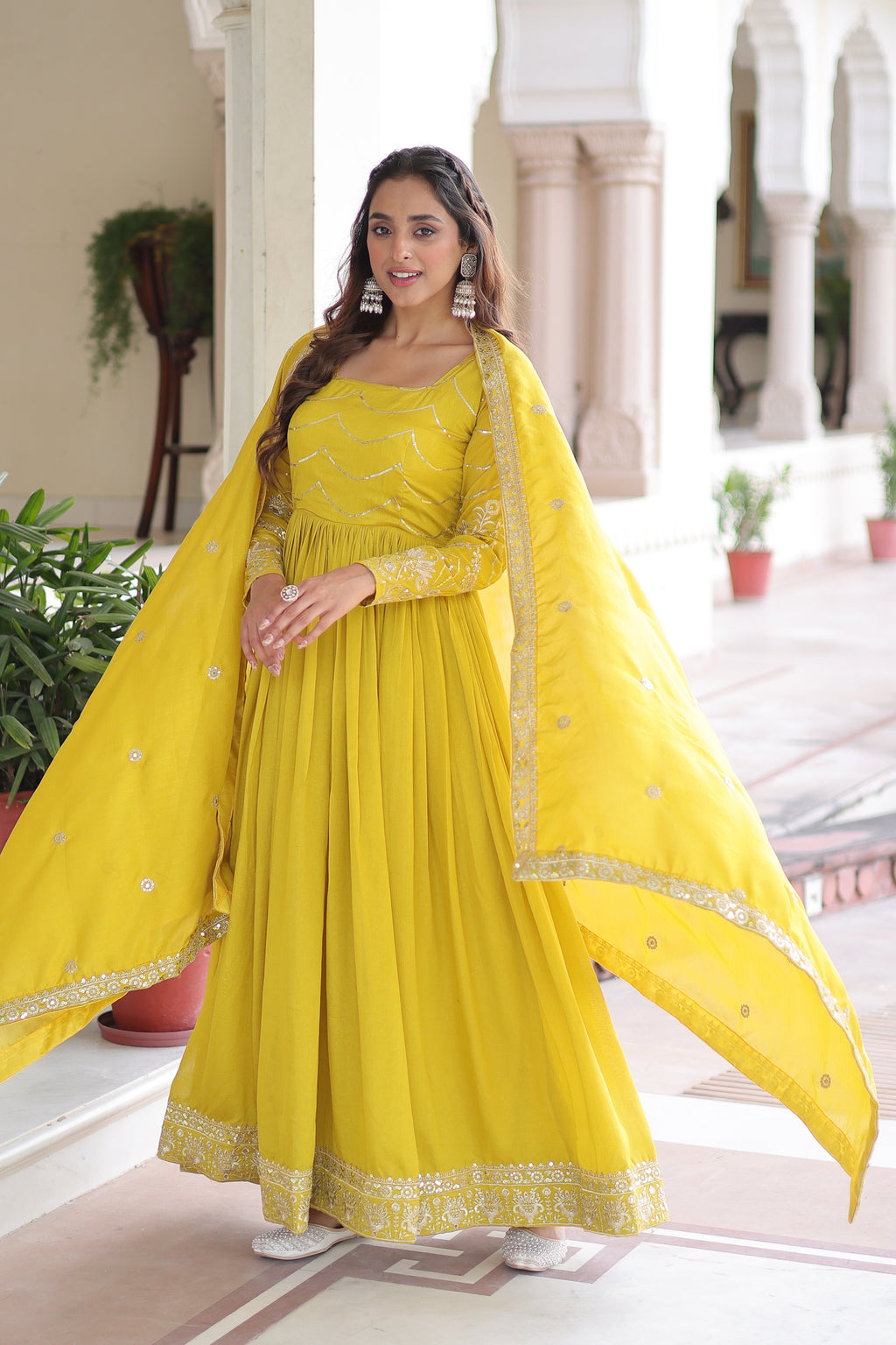 Yani Yellow Color Vichitra Silk Sequins Embroidered Work Gown with Dupatta