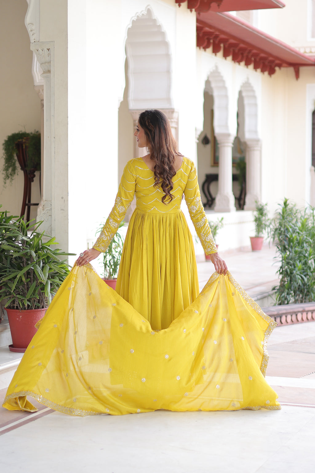 Yani Yellow Color Vichitra Silk Sequins Embroidered Work Gown with Dupatta