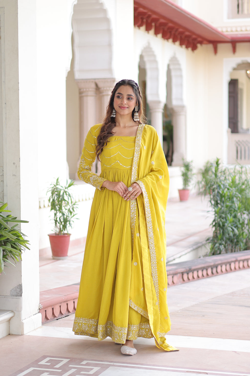 Yani Yellow Color Vichitra Silk Sequins Embroidered Work Gown with Dupatta