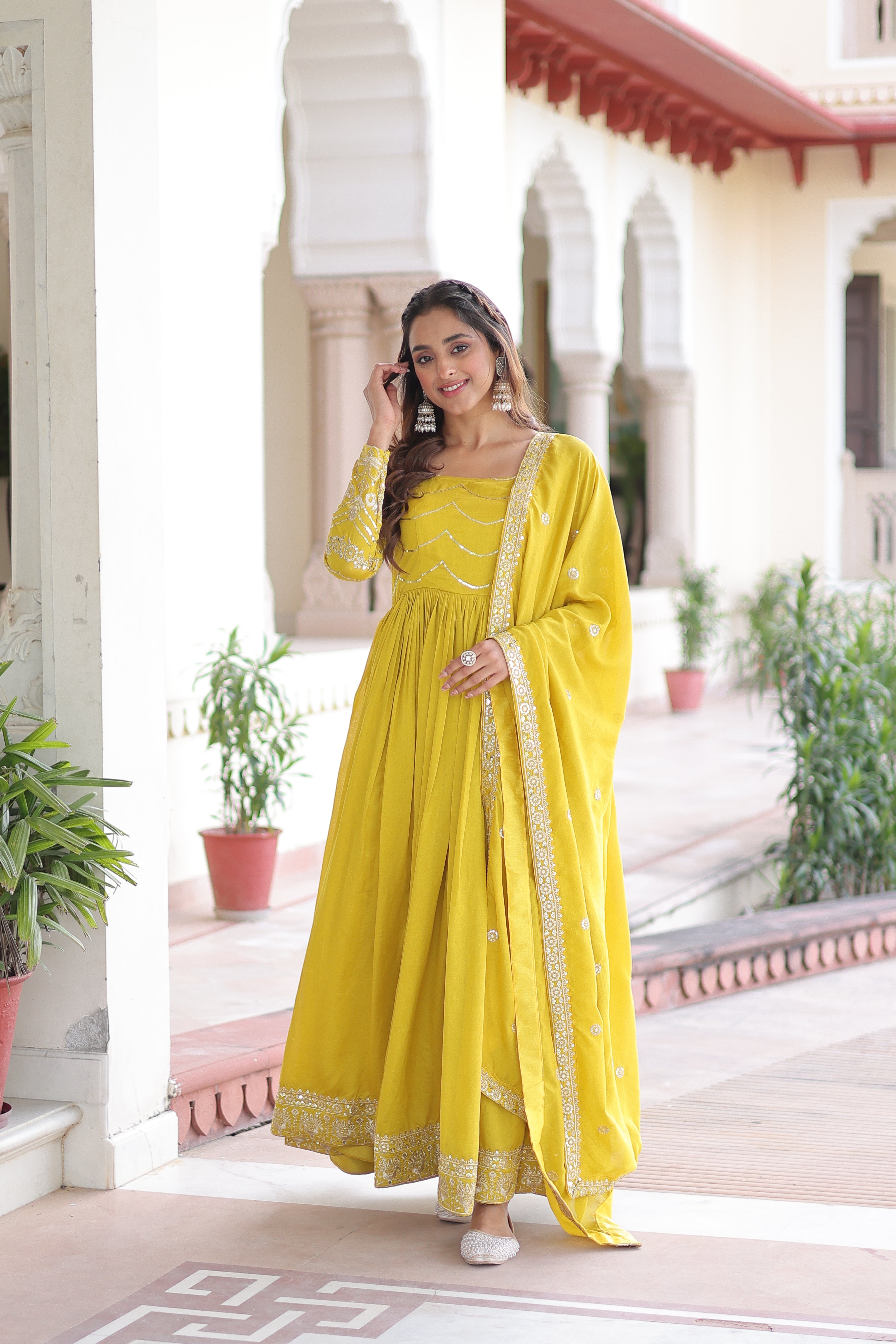 Yani Yellow Color Vichitra Silk Sequins Embroidered Work Gown with Dupatta