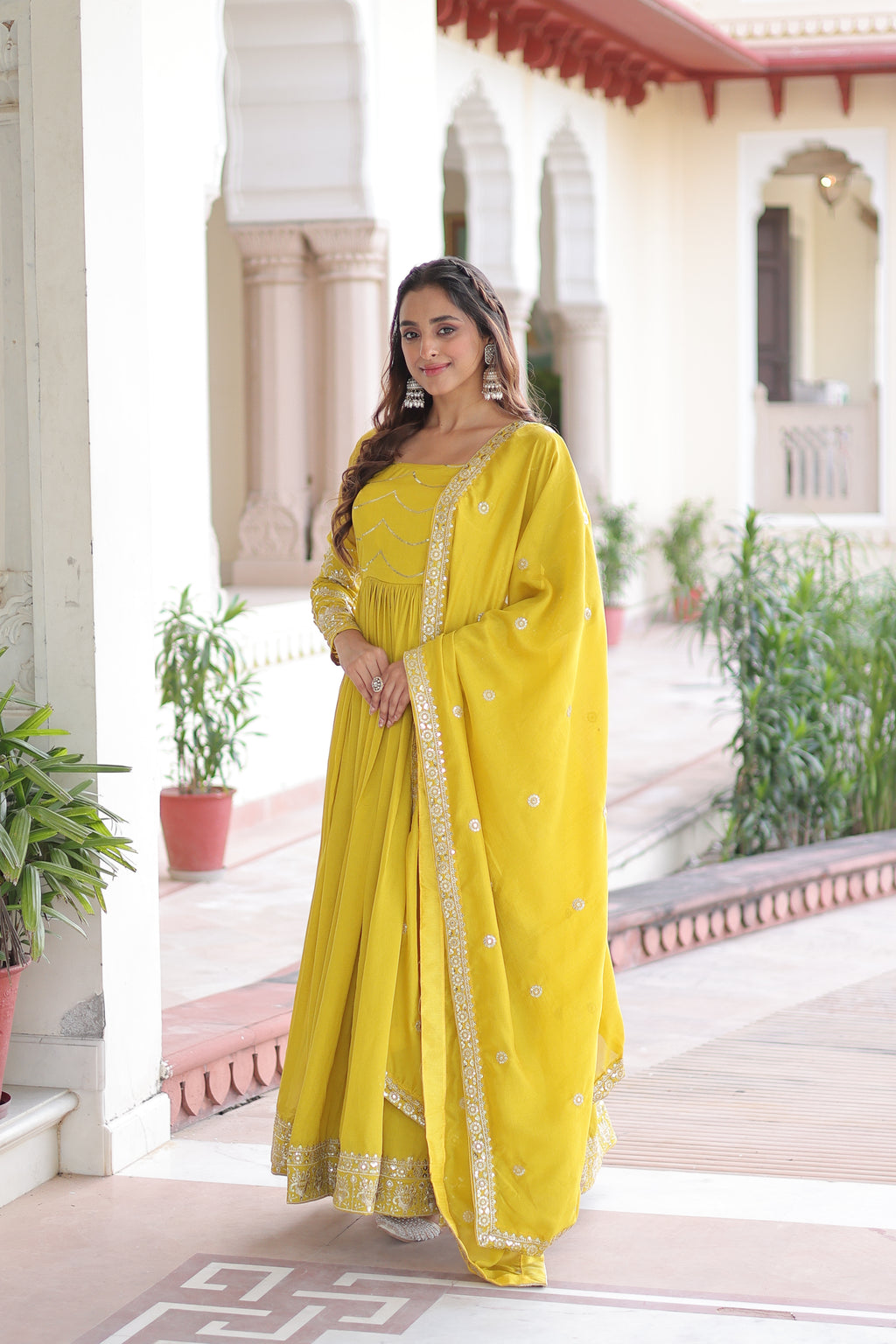 Yani Yellow Color Vichitra Silk Sequins Embroidered Work Gown with Dupatta
