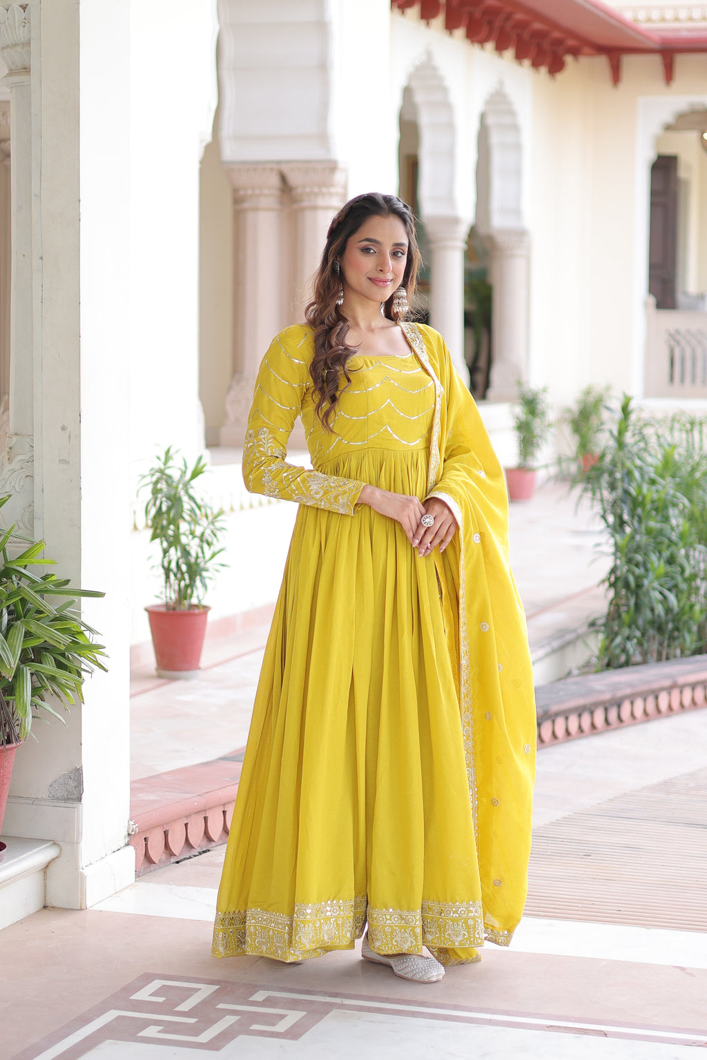 Yani Yellow Color Vichitra Silk Sequins Embroidered Work Gown with Dupatta
